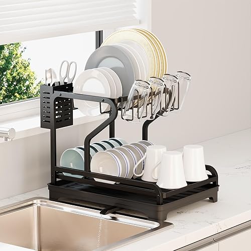 HORIAMIT Escurridor de platos para encimera, estante grande de 2 niveles a prueba de óxido con escurridor, soporte de vidrio, soporte para utensilios