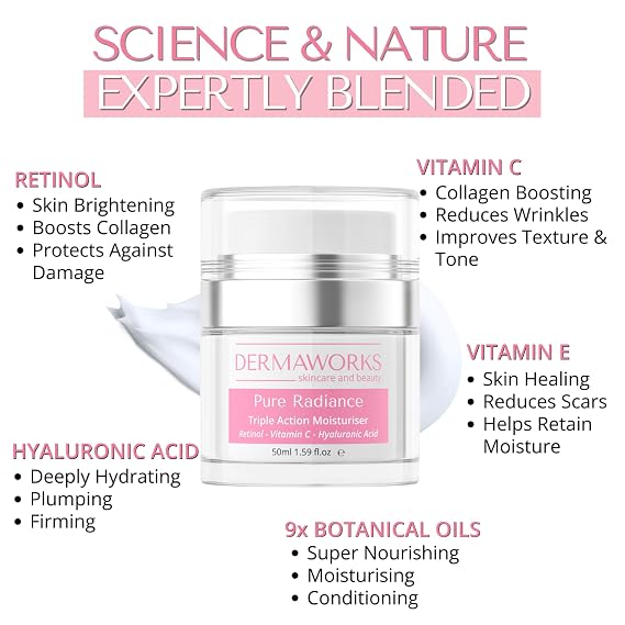 FACE MOISTURIZER for Women - PURE RADIANCE Hydrating Day & Night Face Cream - Vitamin C Retinol Hyaluronic Acid - Anti Aging Firming Moisturizer for All Skin Types DERMAWORKS