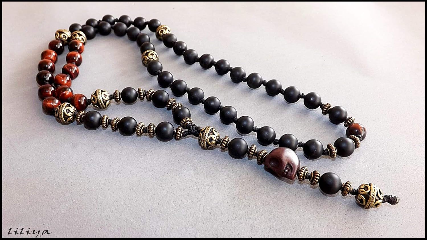 Liliya Jewelry Men’s Red Tiger Eye & Onyx Necklace - 26 Inch Long Gemstone Mala - Jasper Skull Bead - Tribal Boho Surfer Style - Motivation & Protection Gift