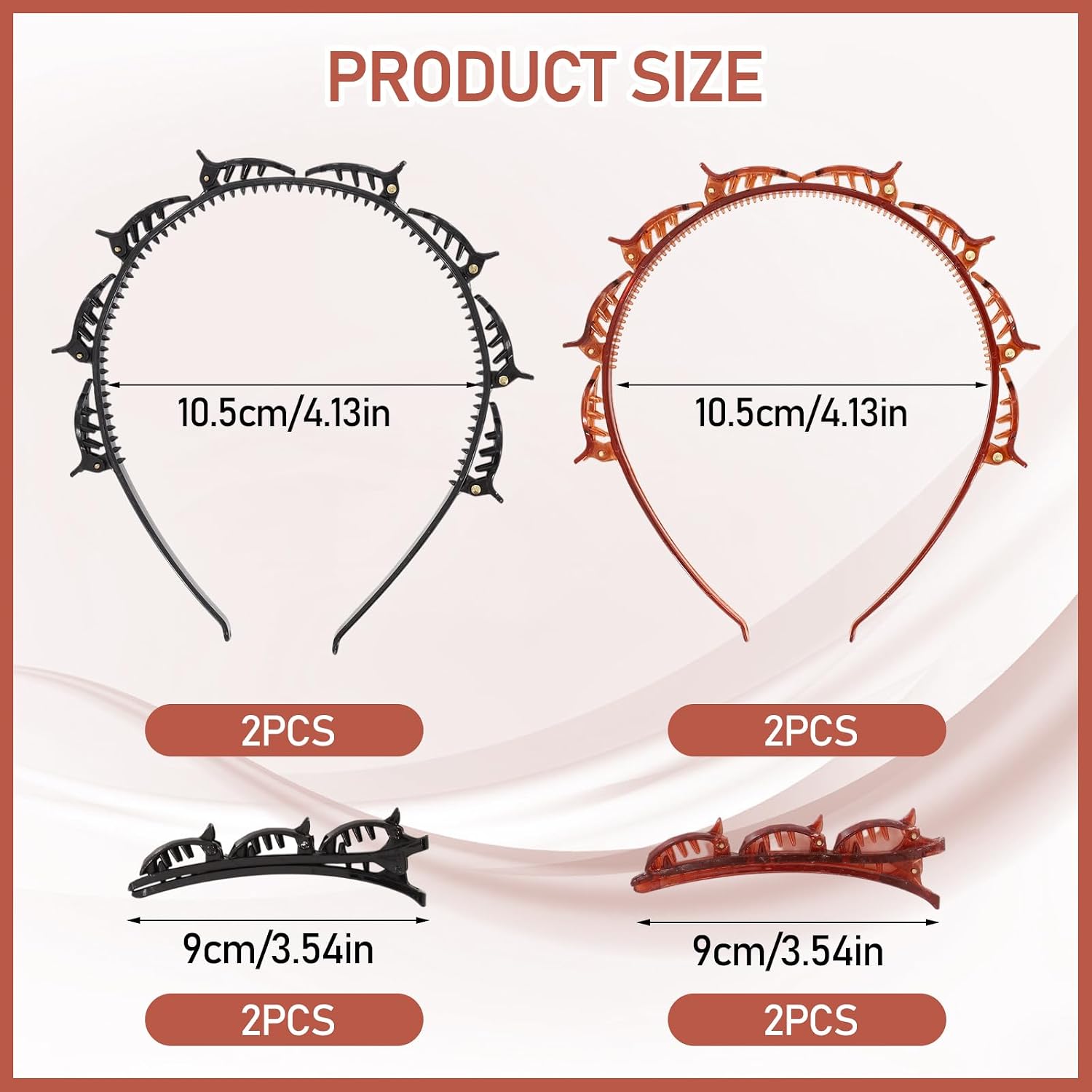 8PCS Headband with Clips, Toothed Hairband Braid Tool, Clip Headbands for Women Girls, Double Bangs Hairstyle Hairpin (2 Black, 2 Red, 4 Clip) image 2