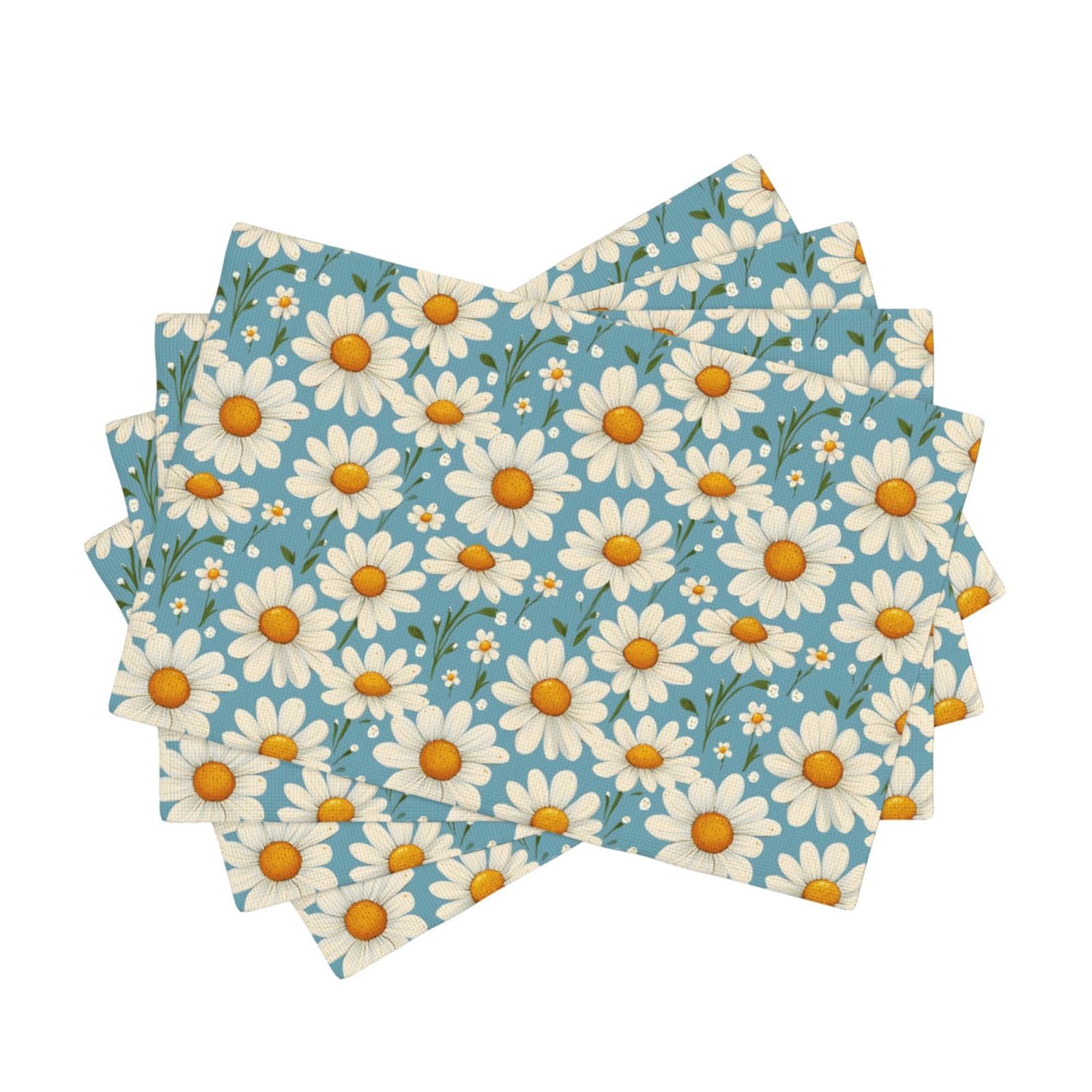 Sets de table lavables antitaches en faux lin bleu ciel motif marguerites lot de 4