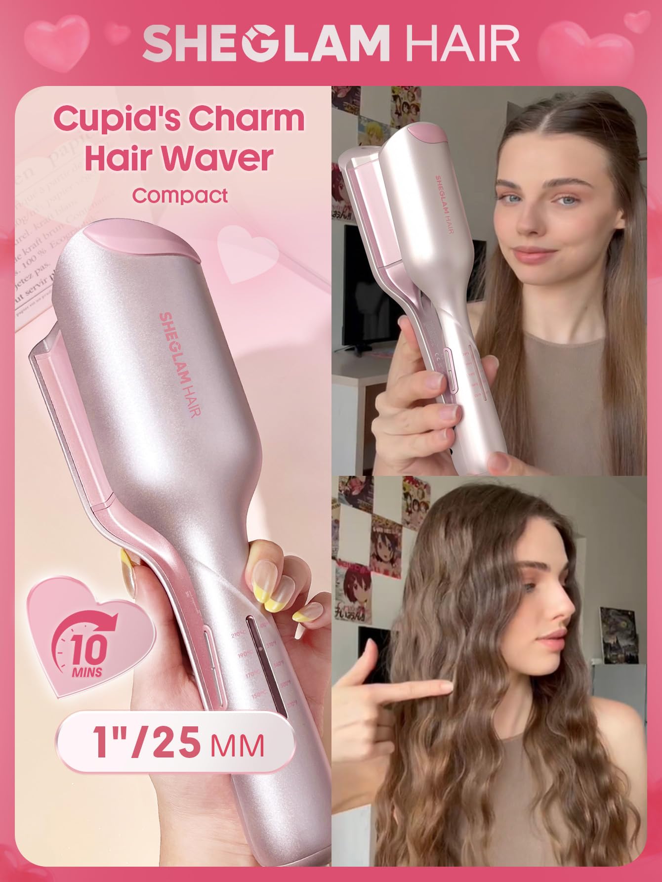 SHEGLAM Rizador Doble Barril Rosa - Ondas Beach Waves, 5 Temperaturas, Anti-Quemaduras, Doble Voltaje (25mm)
