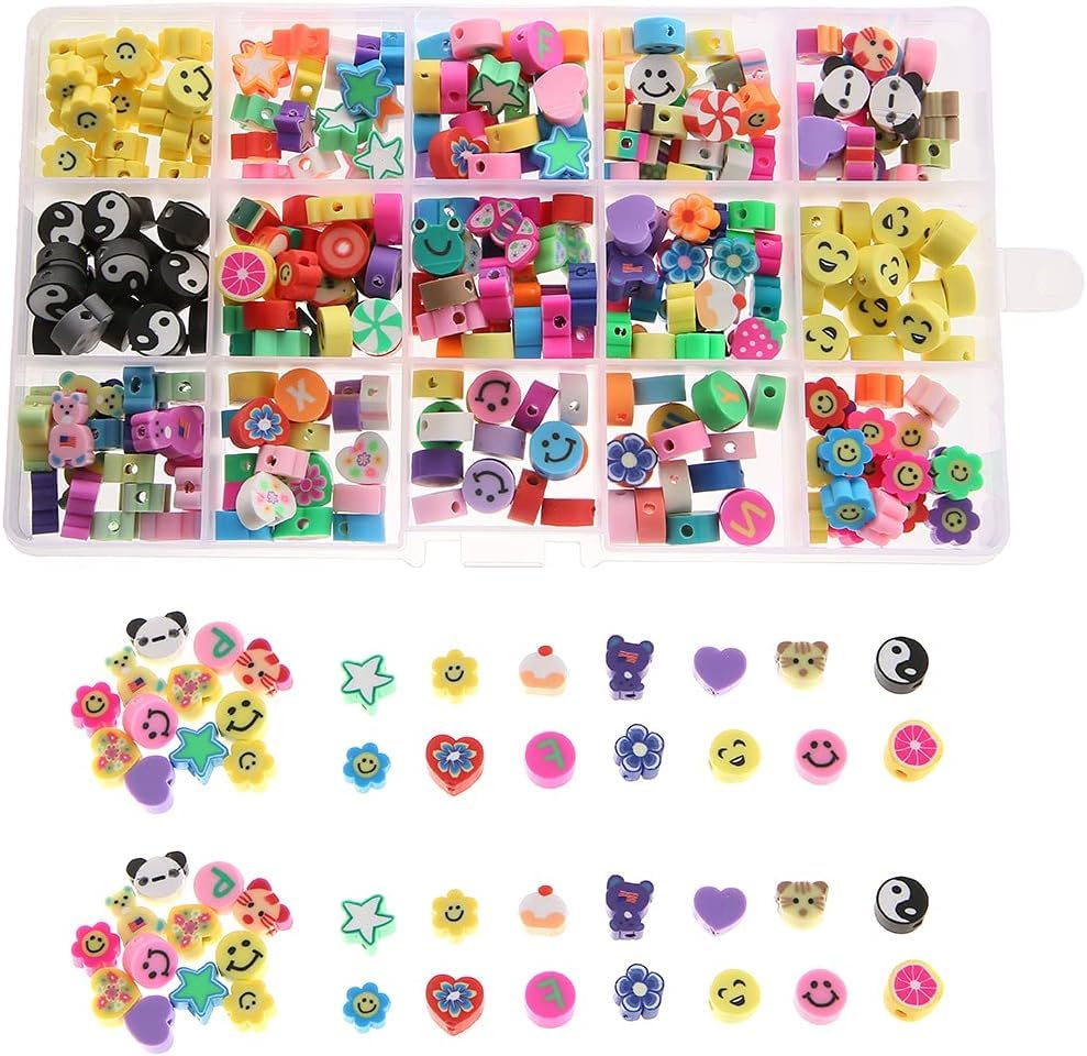 LOVE LOVE BELOVEDPolymer Clay Beads, Handmade Soft Pottery Beads Colorful 15 Styles Beads Charms for Bracelet Earring Necklace Jewelry Making, Women and Girls Craft Supplies, 300pcs