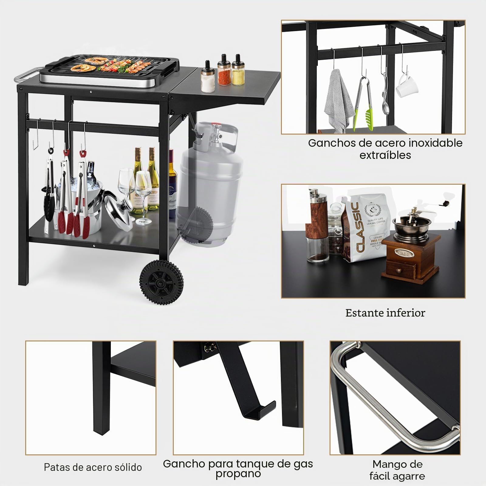 KOMFOTTEU Carro de Barbacoa con Encimera Plegable, Mesa de Preparación con 2 Ruedas y 4 Ganchos, Carrito Auxiliar de 2 Niveles con Asa Lateral, para Jardín, Patio, Terraza, 96,5 x 64 x 75,5 cm