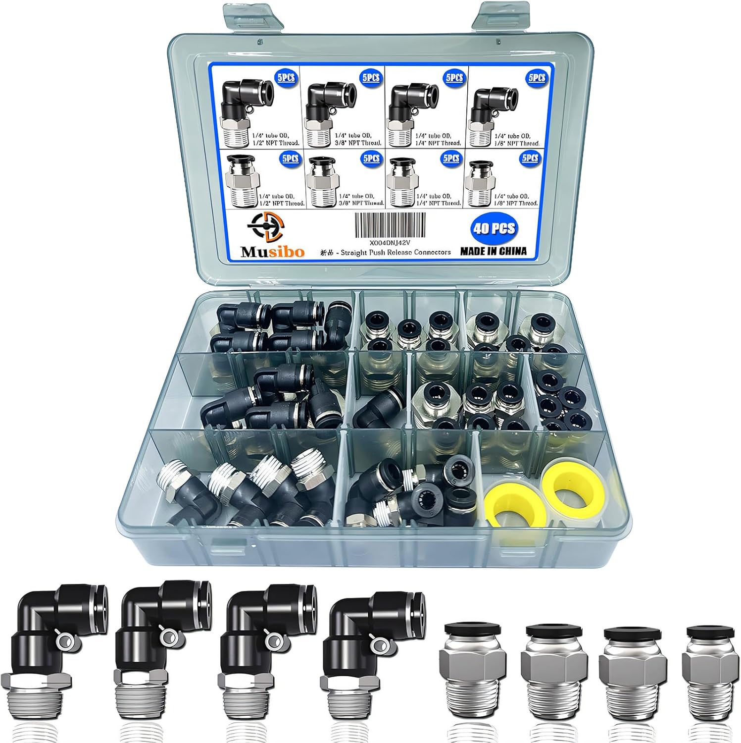 40PCS 1/4" tube OD Upgrade pushs to connect fittings, NPT Thread Push To Connect Fitting, push lock air fitting, elbow and Straight fittings for 1/8",1/4", 3/8", 1/2" NPT Thread, Pneumatic fitting.