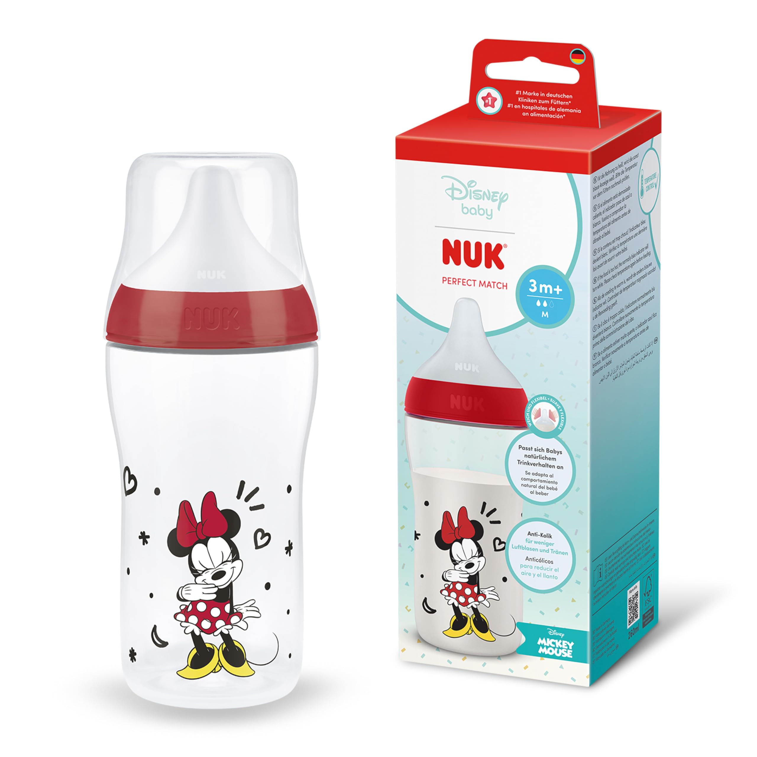 NUK Perfect Match Babyflasche | 3+ Monate | 260 ml | Anti-Kolik-Babyflasche | PP | Temperature Control Anzeige | Disney Minni Maus | 1 Stück