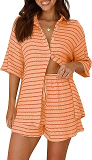 Womens Striped 2 Piece Sets Short Sleeve Button Down Shirt and Shorts Waffle Knit Pajama Lounge Set Summer Outfits