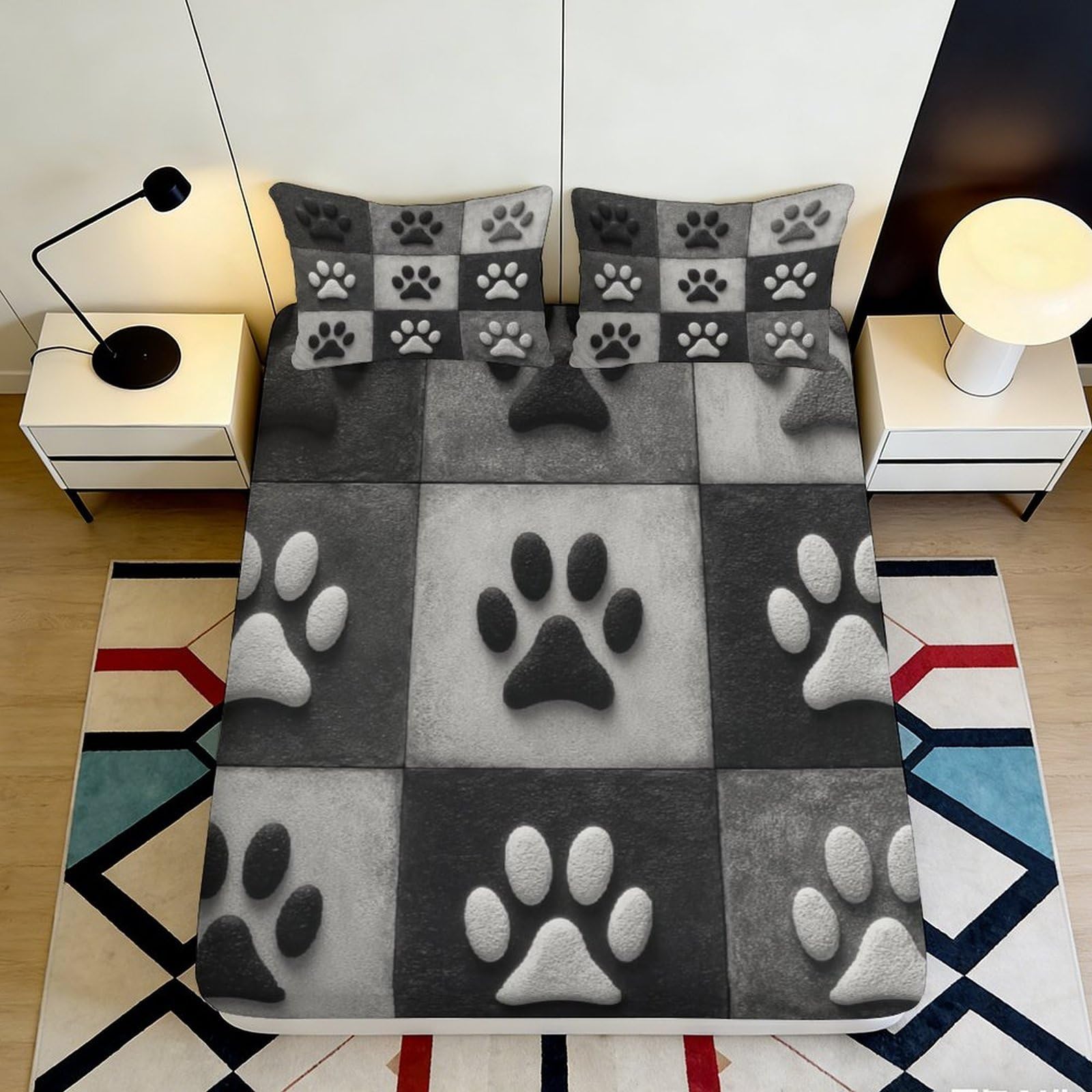 3D Printed Paw Print Microfiber Fitted Sheet Soft Breathable Animal Pattern Bed Cover for Bedroom Dormitory Guest Room Mattress Protection Decor 160x200x25cm