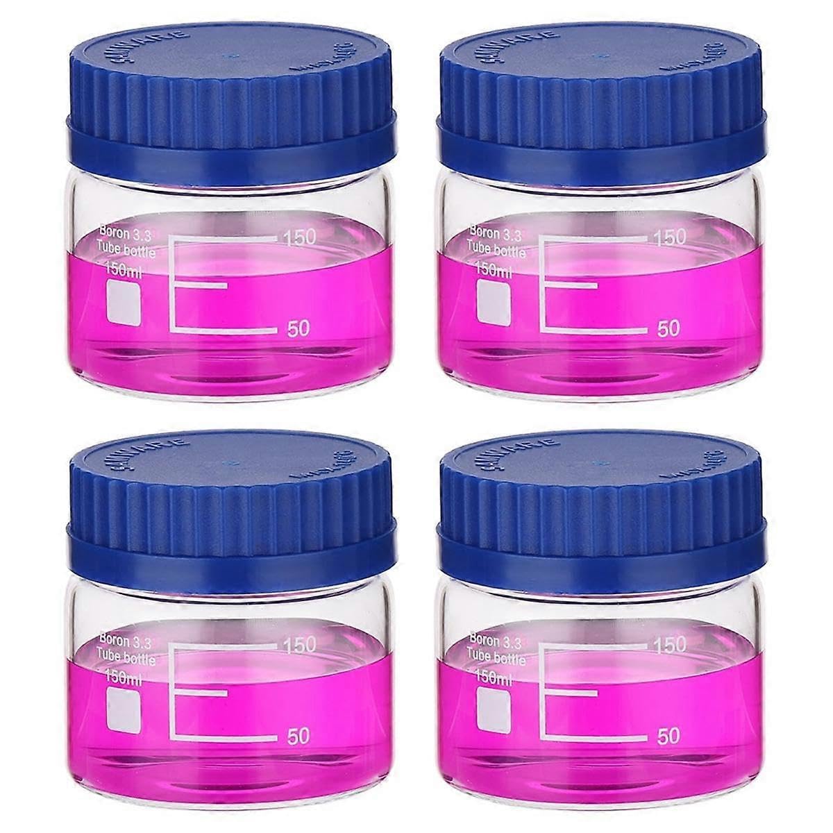 JOYHAPPST 4 Pack Reagent Media Storage Bottles, 150ml Borosilicate Glass Wide Mouth Graduated Round Bottles with GL32 Screw Cap