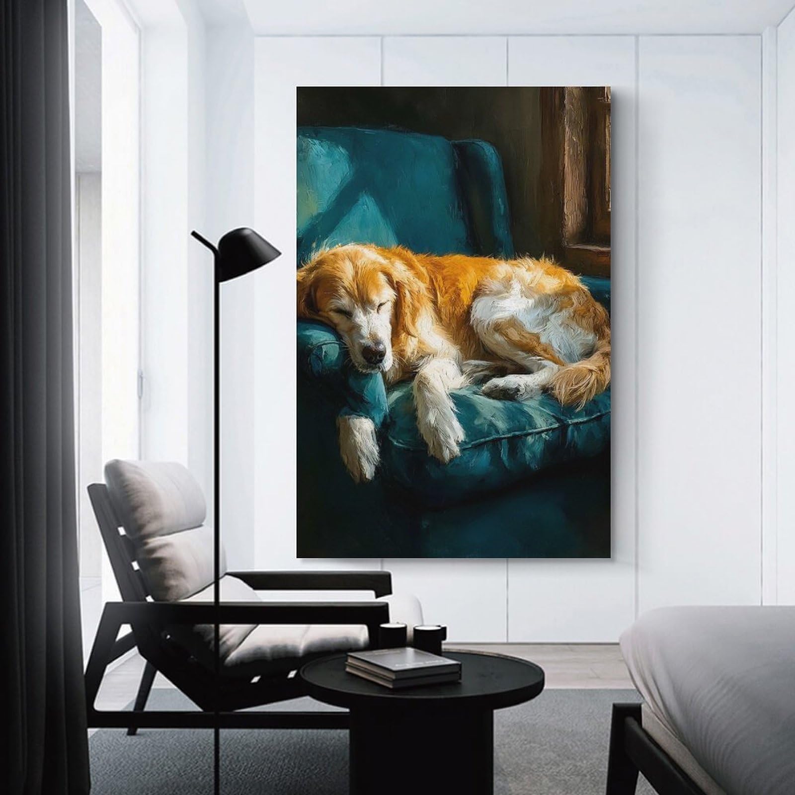 Junmoney Golden Retriever Dog Sleeping on Teal Armchair Hanging Wall Art 08x12inch(20x30cm), for Gallery Wall Decor And Room Displays, A Versatile Canvas Print for Layering