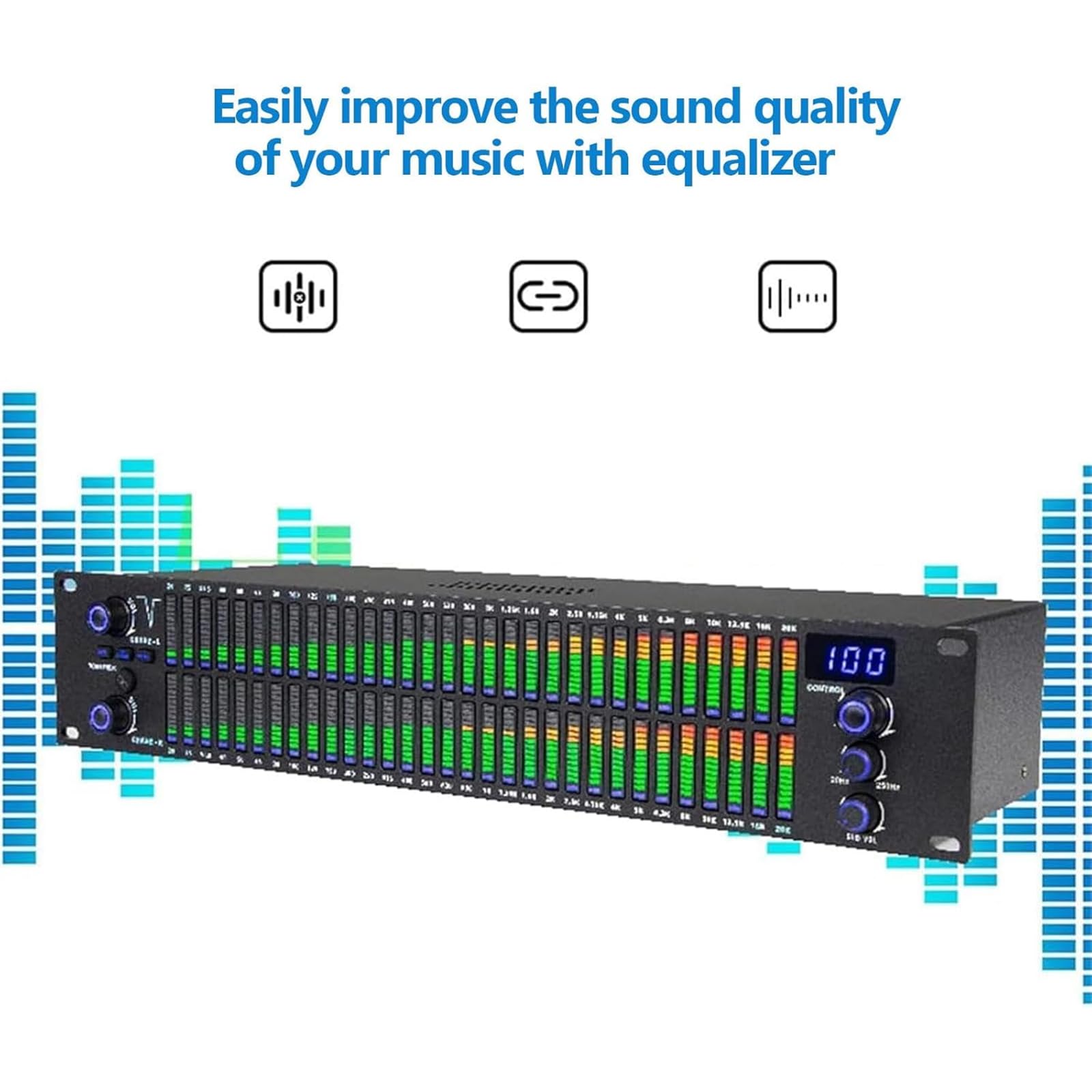 31-pasmowy korektor cyfrowy, analizator widma audio ze światłem wyświetlacza, 10 wstępnie ustawionych efektów i impedancji wyjściowej linii: 20Hz-20kHz i niski/średni/wysoki/wysoki, niezależna