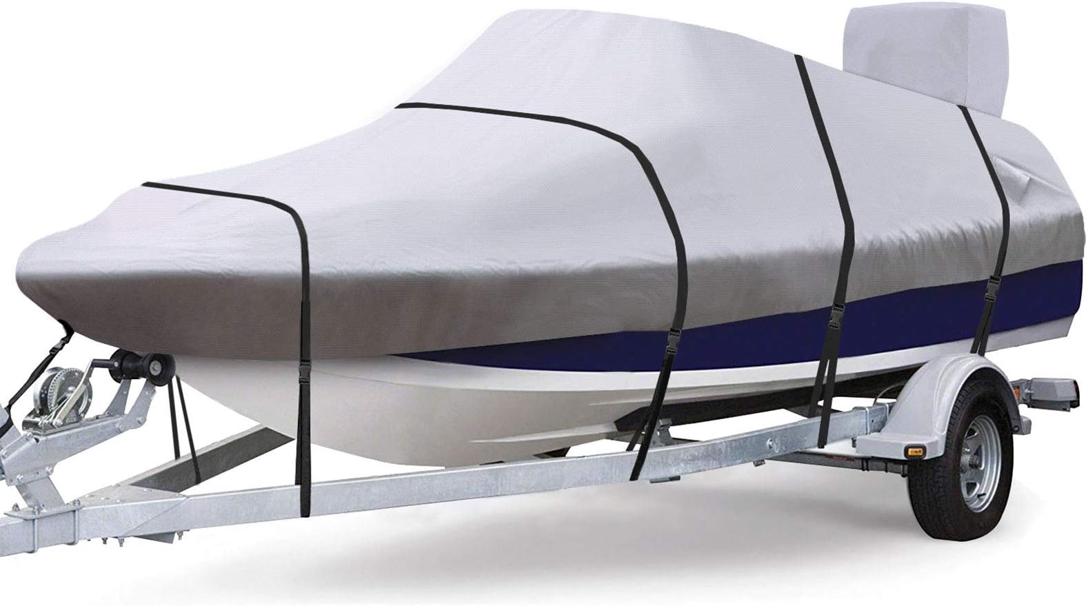 RVMasking Upgraded 900D Trailerable Full Size Boat Cover Gray for V-Hull Runabouts Outboards and I/O Bass Boats, with Motor Cover