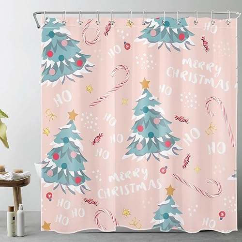 Miniatura 3 de Cortina de ducha azul con árbol de Navidad para baño, divertido patrón de dibujos animados y estrellas dulces sobre tela rosa con 12 ganchos, juego