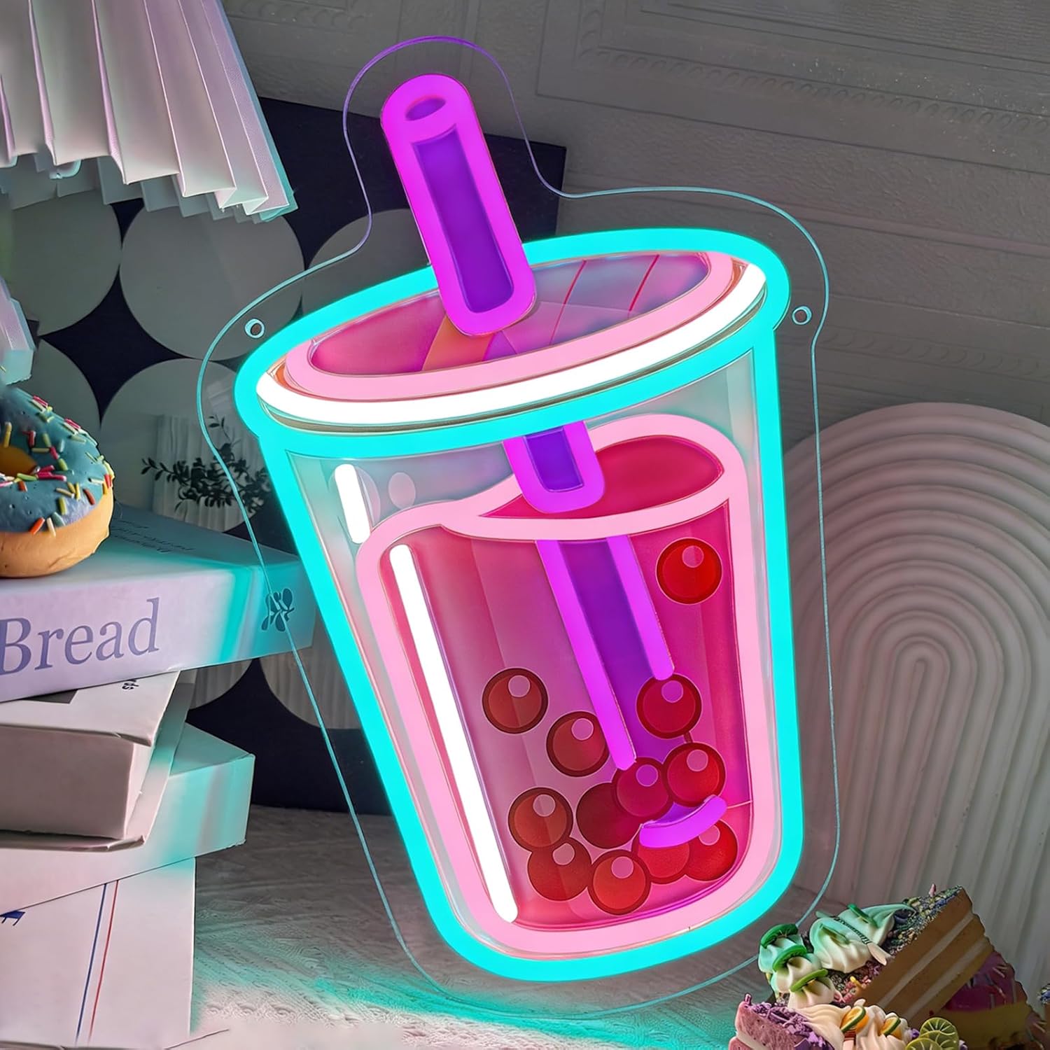 Bubble Tea Neon Sign Dimmable LED Boba Milk Tea Cup Light Sign for Kitchen, Bedroom & Coffee Shop Boba Tea Neon Light Wall Decor USB Powered Pink Cyan Aesthetic Light Sign for Boba Lovers