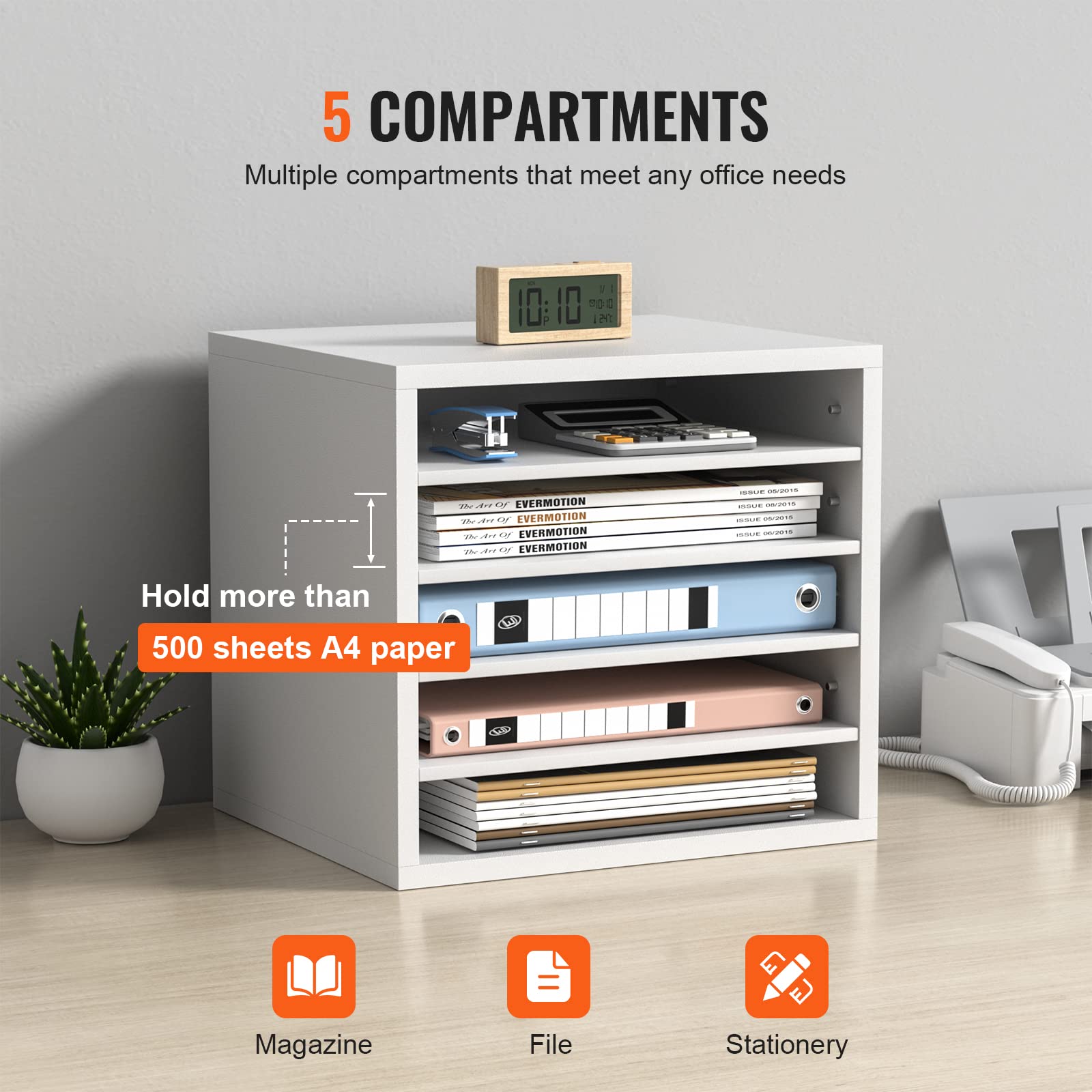 VEVOR Organizador de Literatura de madera Aglomerado Estante de Almacenamiento de Documentos de 5 Compartimentos 35,5x30,5x33 cm Clasificador de Literatura con Estantes Ajustables para Oficina, Blanco