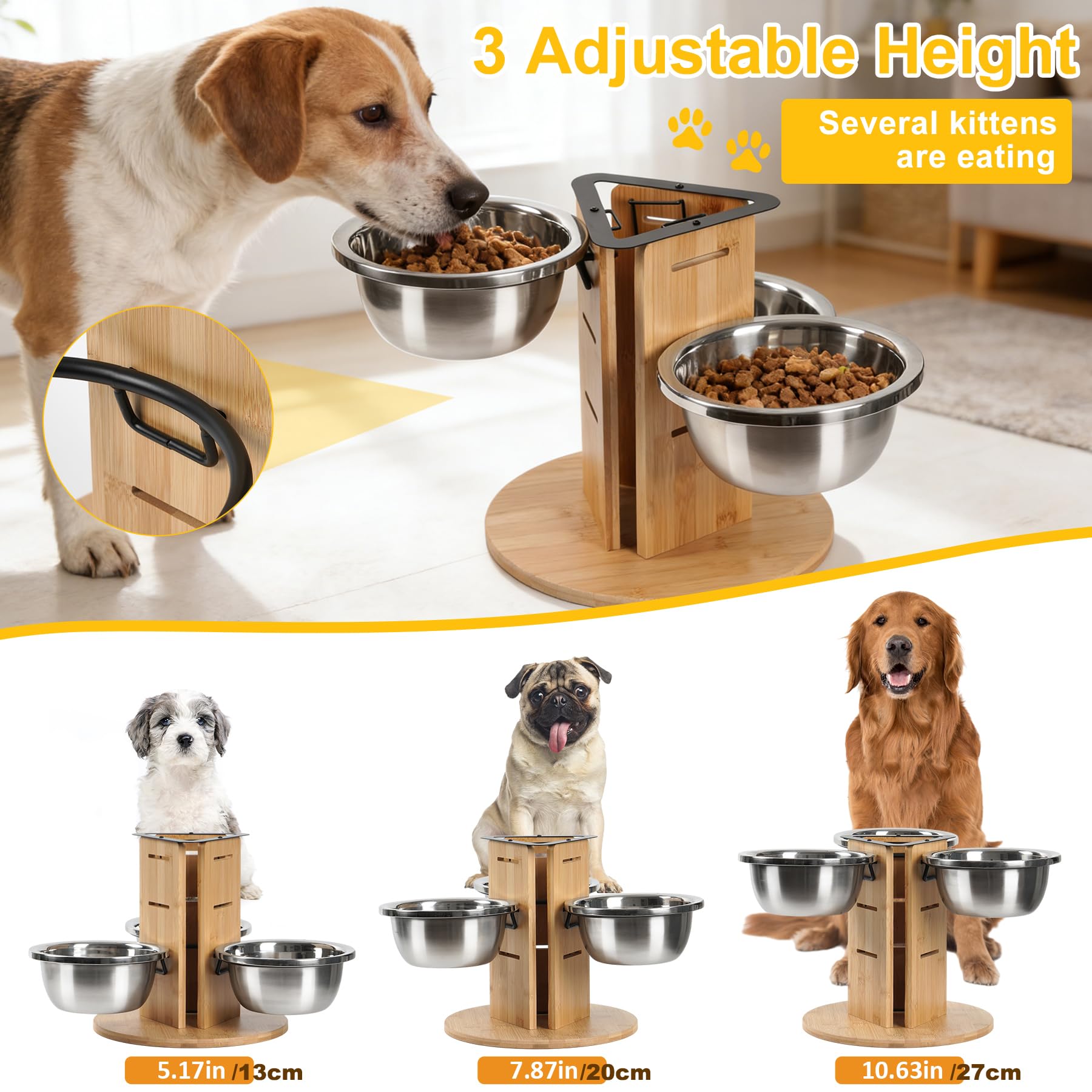 Comedero para perros elevado para perros, 3 cuencos de altura ajustable con 3 cuencos de acero inoxidable de 1400 ml y madera de tres lados elevados para perros, comedero para perros