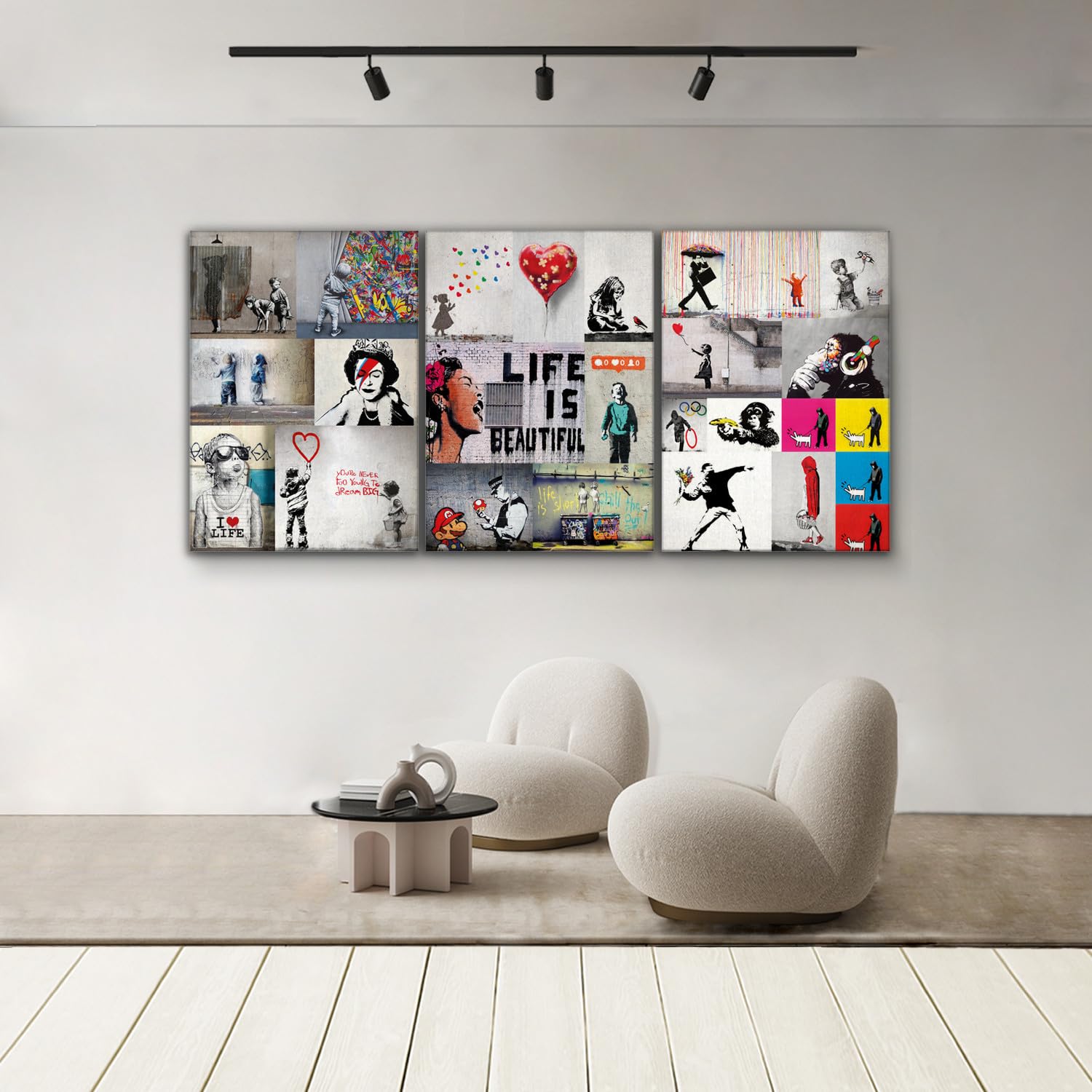 Giallobus - Quadri Grande Formato XXL - Banksy - Street Art - Collage 1 - Tela Canvas - 218x100cm | 3pcs. x 70x100cm - Pronto da Appendere - Quadri Moderni per la casa