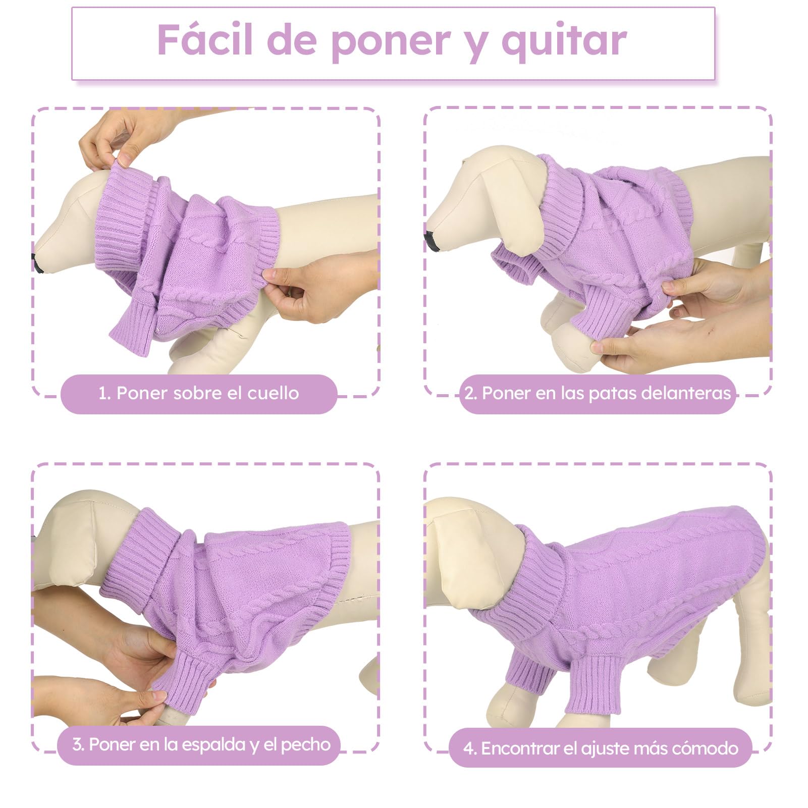 Queenmore Jersey para Perro Grande Bouledogue Francés Cálido Suéter para Perros Suéter Chihuahua Abrigo Teckel Ropa de Invierno para Perro Gato, Lila,XL