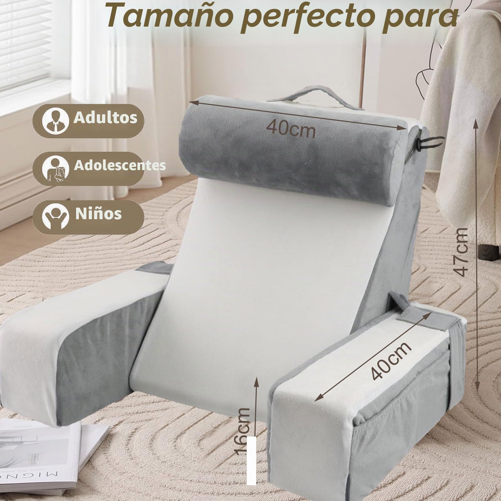 Almohada de Lectura para Cama y sofá, Almohadas de Espalda con Rollo de Cuello extraíble y reposabrazos, Adulto Cojin de Lectura, Cojín Lectura Cama ergonómica para Leer,Sentarse y acostarse