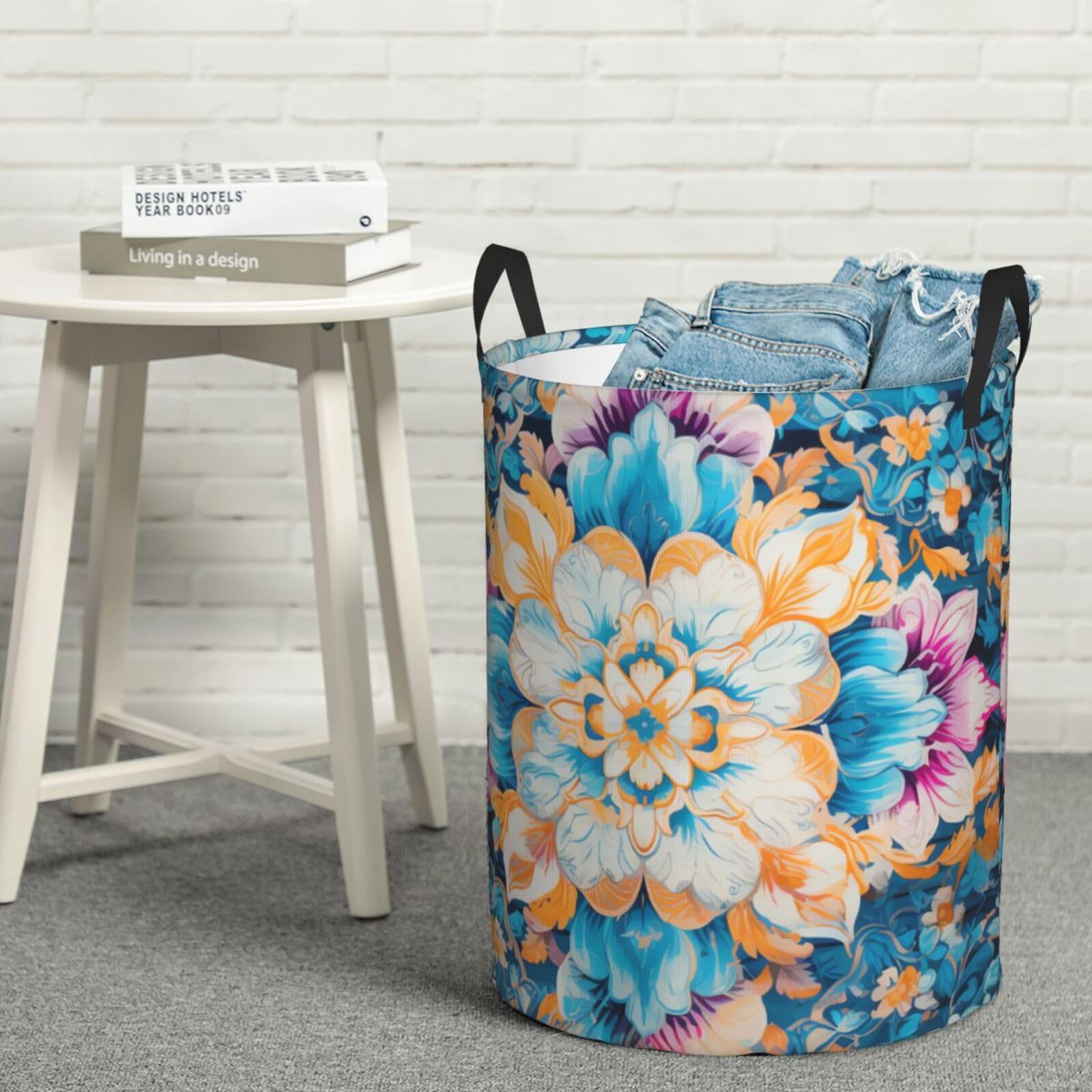 Panier de rangement pour couverture et linge sale rond style bleu bohème