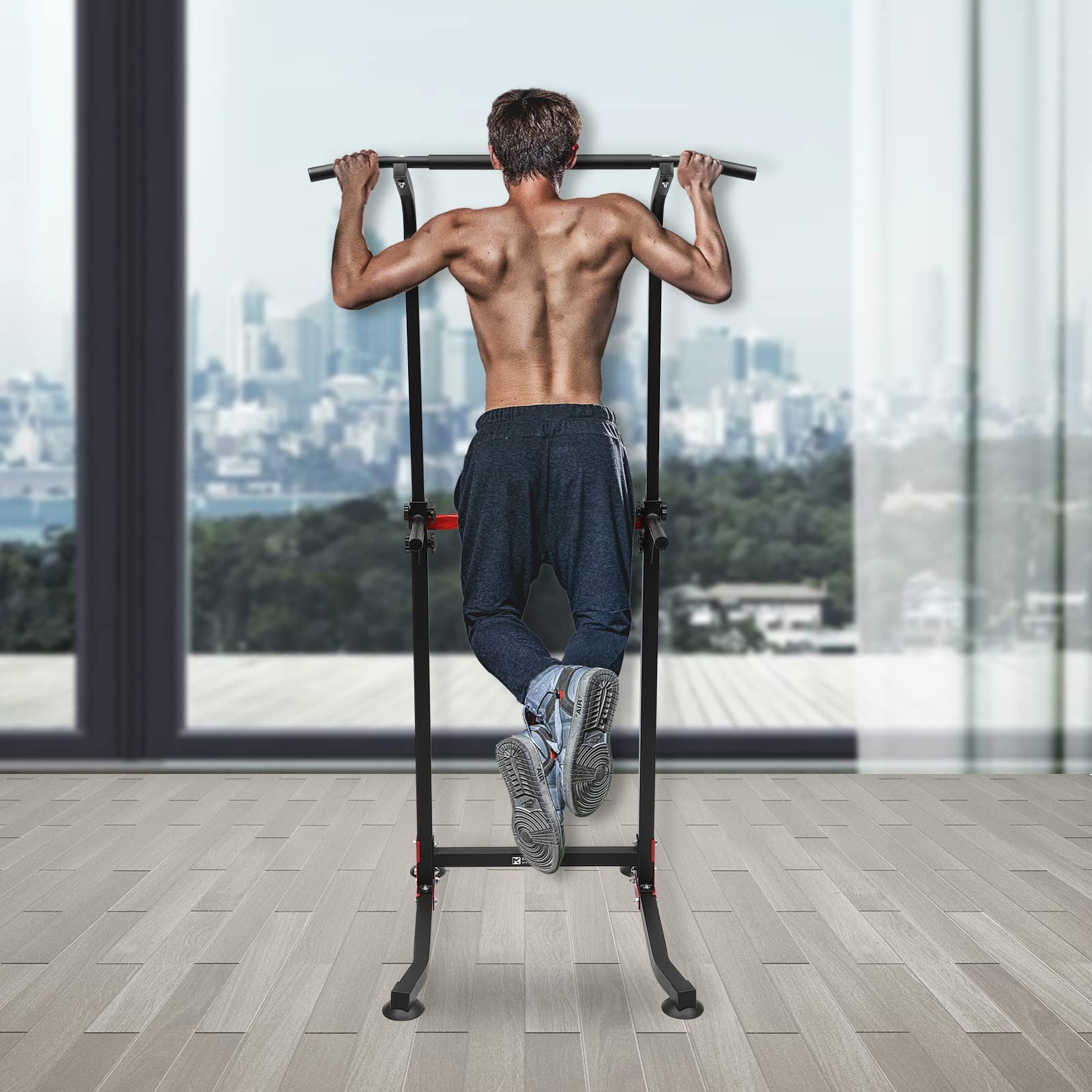Wolnostojący drążek do podciągania, wielofunkcyjny, maks. 150 kg, urządzenie treningowe z regulacją wysokości do pull ups, push-ups i podnoszenia nóg w domowej siłowni, czarny, czerwony
