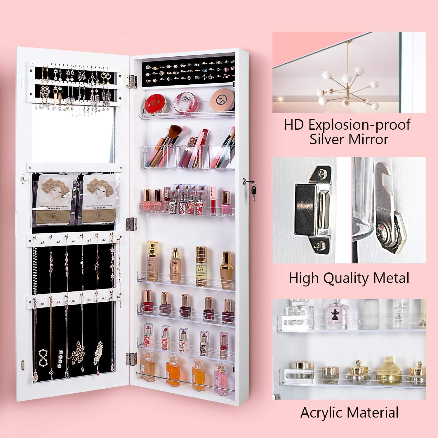 QUANYOU 6 LED Lights Lockable Full Mirror Full Screen Jewelry Organizer Wall Mounted/Door Mounted/Jewelry Cabinet Jewelry Armoire with Mirror/Full Length Mirror Hanging Mirror 7025 (White) : Clothing, Shoes & Jewelry