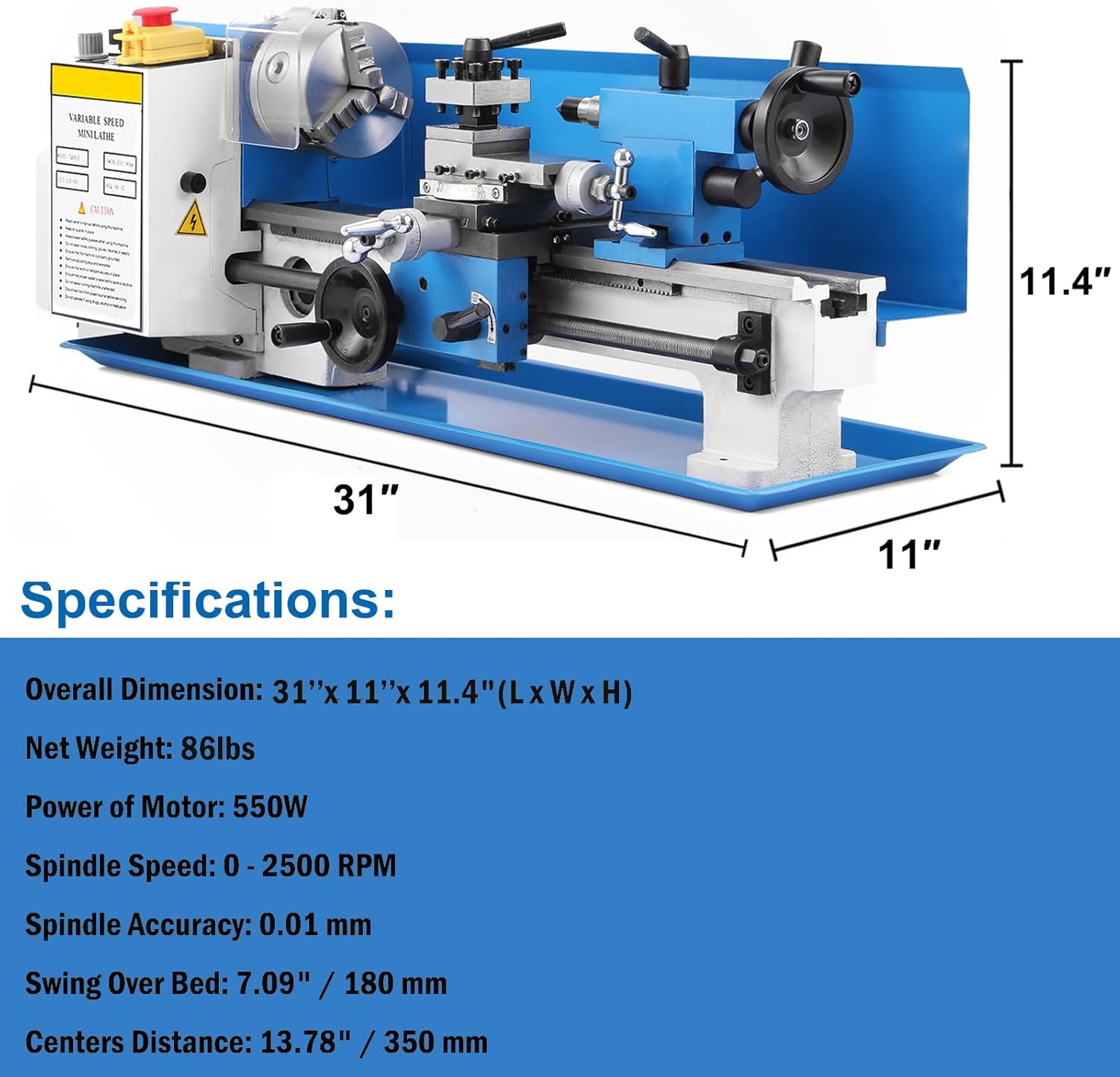 Mini Metal Lathe, 7"x 14" Benchtop Metal Lathe Machine, 0-2500RPM Variable Speed, Mini Torno Para Metal with 3-Jaw Chuck for Counter Face Turning Drilling