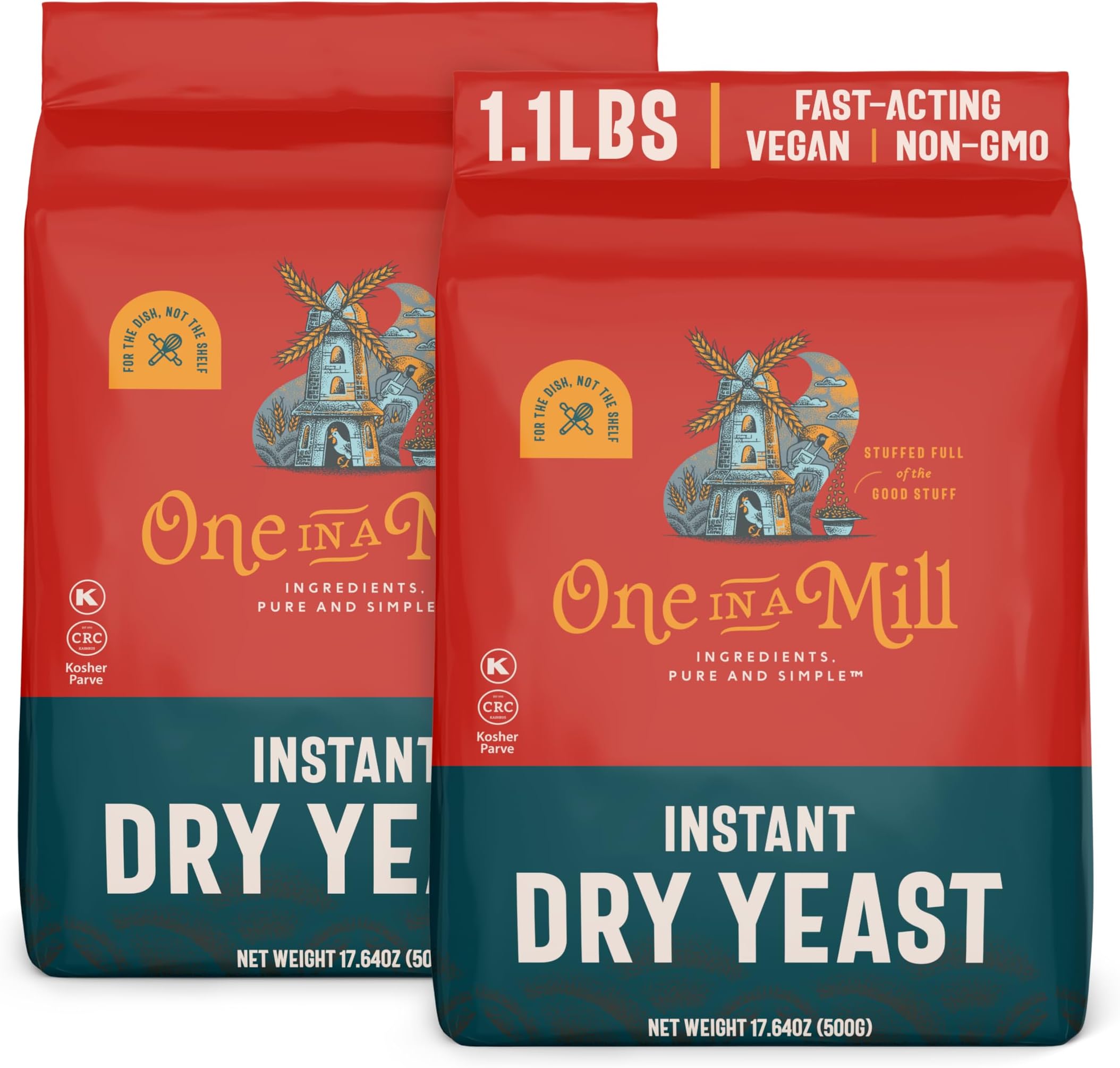 One in a Mill Instant Dry Yeast | 1.1 LB (Pack Of 2) [IMPROVED] Fast Acting Self Rising Yeast for Baking Bread, Cake, Pizza Dough Crust | Kosher | Quick Rapid Rise Leavening Agent for Pastries