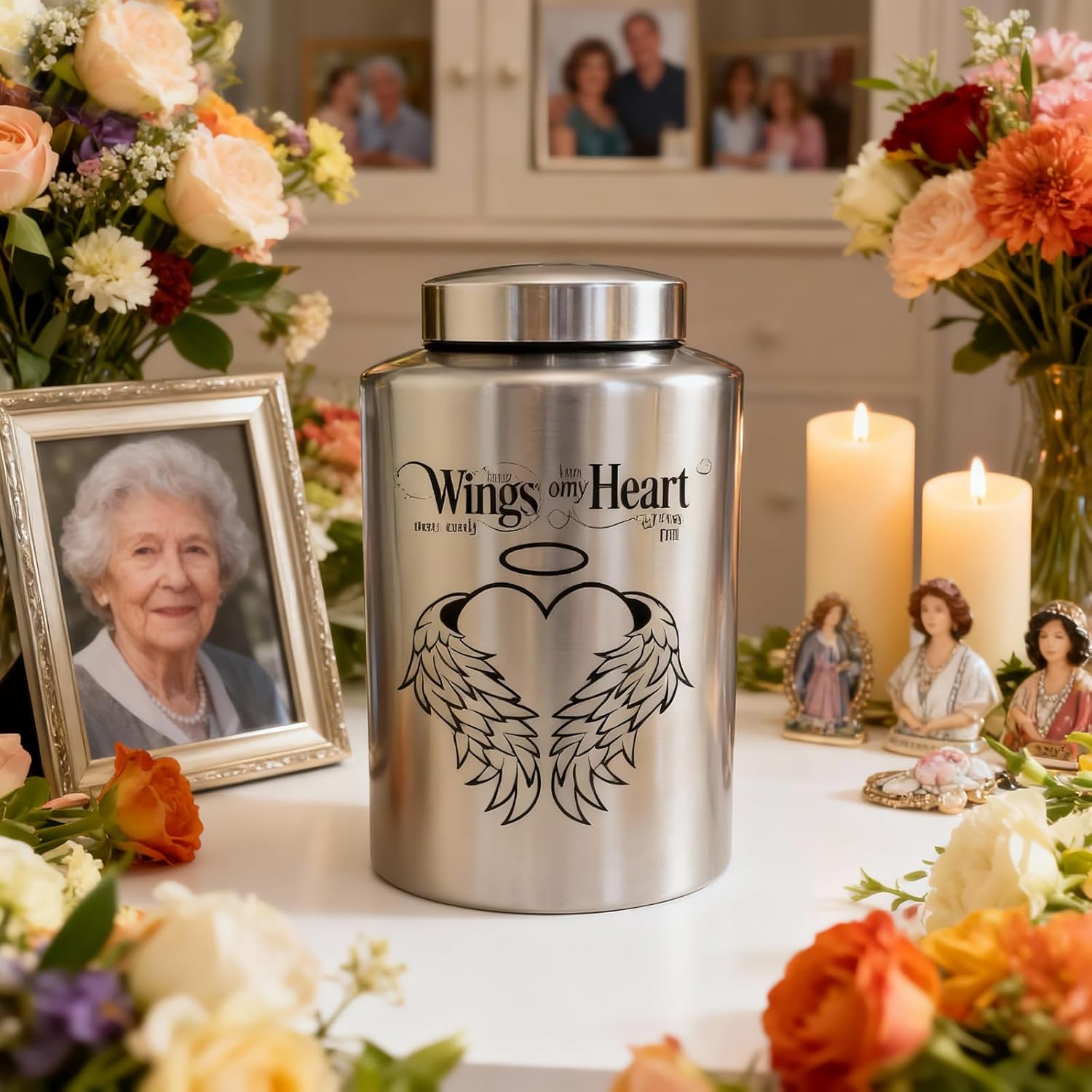 220 lbs Large Urns for Adult Male Female Ashes, Decorative Funeral Cremation Keepsake Memorial Urn for Human Women Man Mom Dad Ashes(Heart Wings)