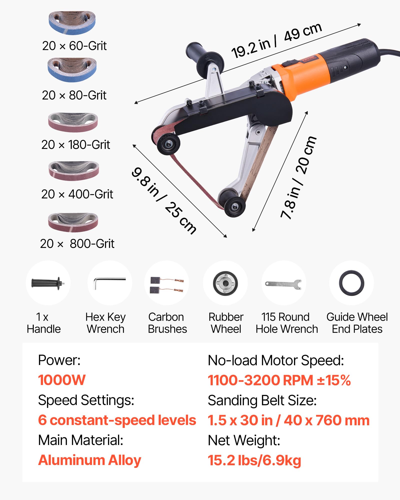 VEVOR Ponceuse à Bande, Ponceuse de Tubes Professionnelle 1300 W avec 6 Vitesses Variables 1100-3200 tr/min avec 100 Bandes Abrasives 40 x 760 mm pour Polissage, Finition, Élimination de la Rouille