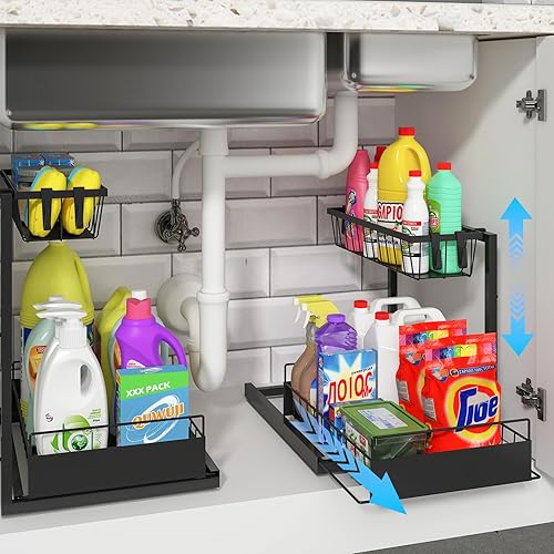 REALINN Organizador para debajo del fregadero, paquete de 2 organizadores de cocina de altura ajustable y almacenamiento, almacenamiento de armario