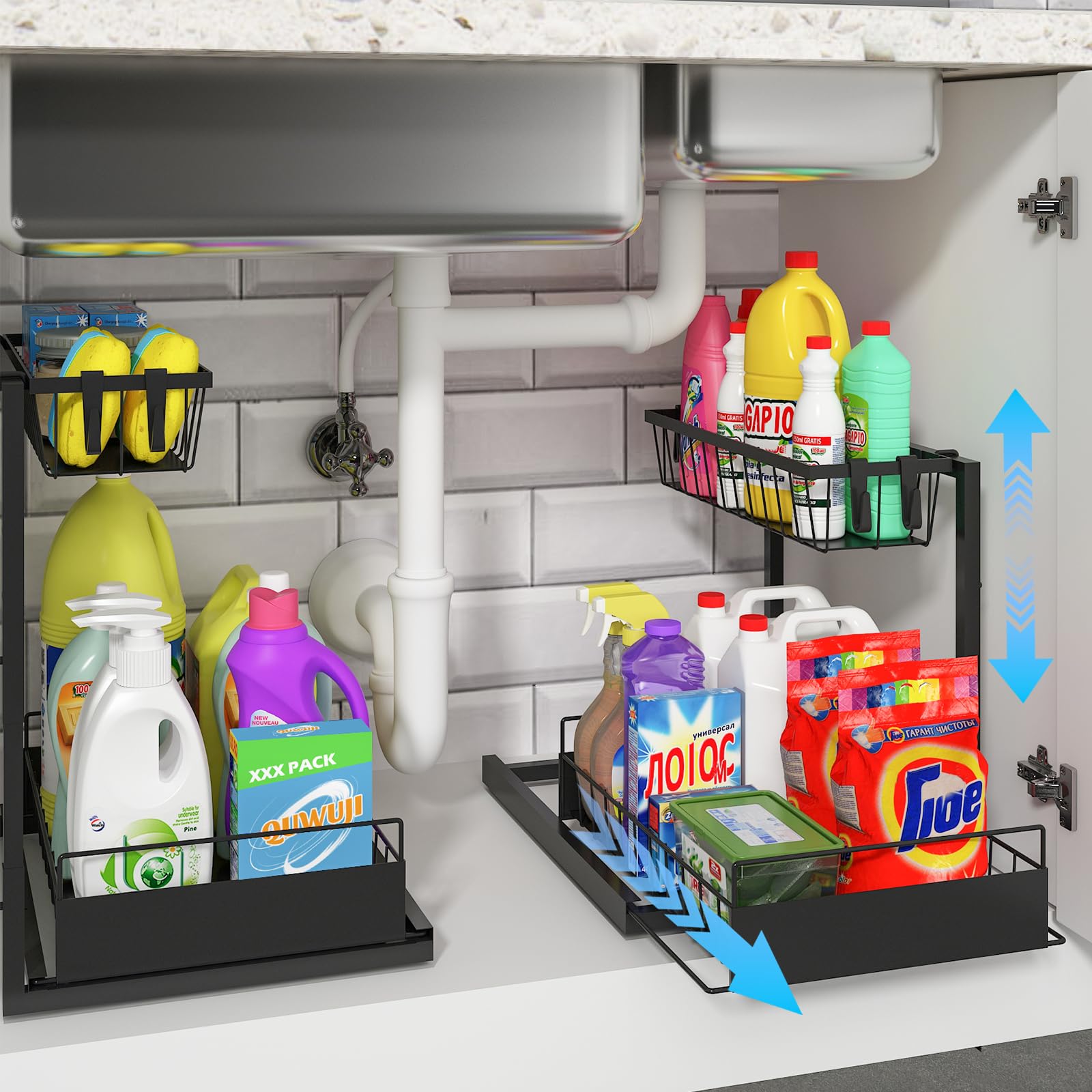 REALINNREALINN Under Sink Organizer, 2 Pack Height Adjustable Kitchen Organizers and Storage, 2 Tier Pull Out Sliding Cabinet Storage, Multi-Use for Kitchen Bathroom Cabinet