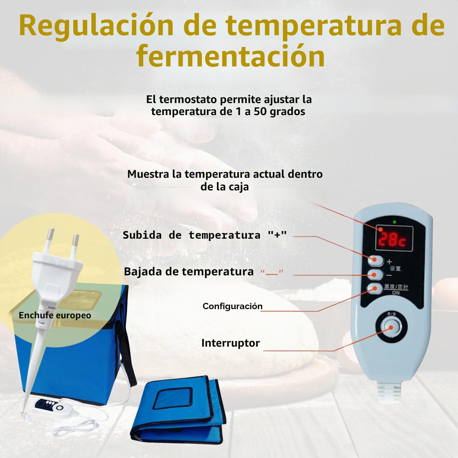 Cloud Fire Caja de Fermentación Plegable, Ajuste de Temperatura, Con Tapa, Multifunción Extraíble Para El Hogar, Pan, Pizza, Yogur, Vino de Arroz (Azul)