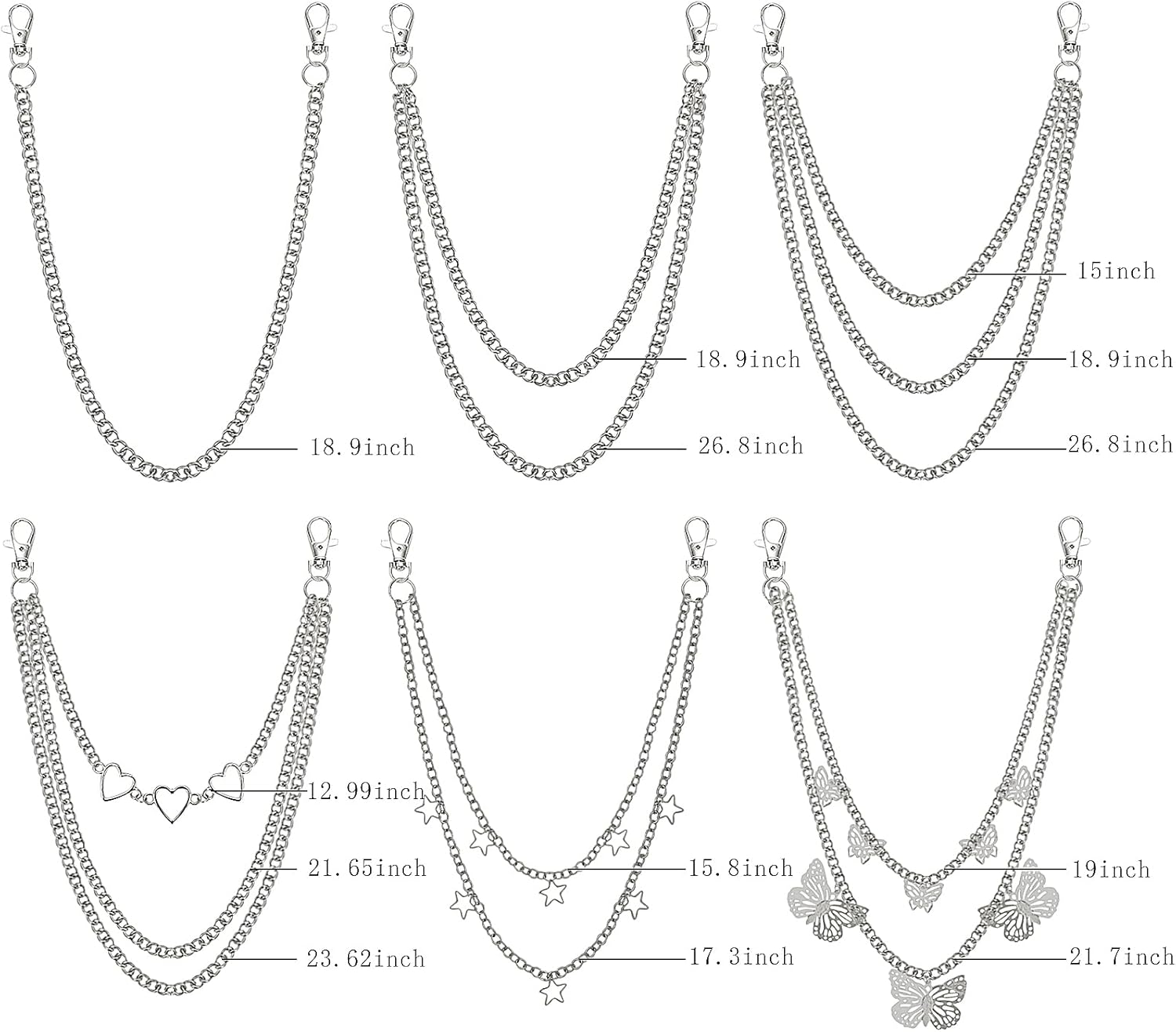 NEWITIN 6 Pieces Pants Chain Punk Jean Chains Metal Belt Chain Silver Multi Layer Pocket Wallet Key Chains Goth Accessories for Women Men - Image 2