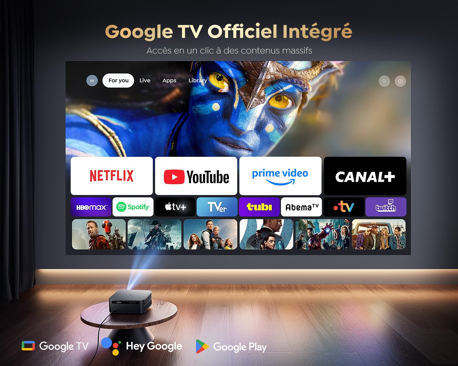 Vidéoprojecteur 4K【1600 ANSI/Google TV】 Disney+/Netflix Inclus, Auto Focus/Keystone Projecteur WiFi6 Bluetooth Full HD 1080P, Contrôle Vocal, Zoom 50% Projecteur Vidéo de Jour Home Cinéma/Extérieur