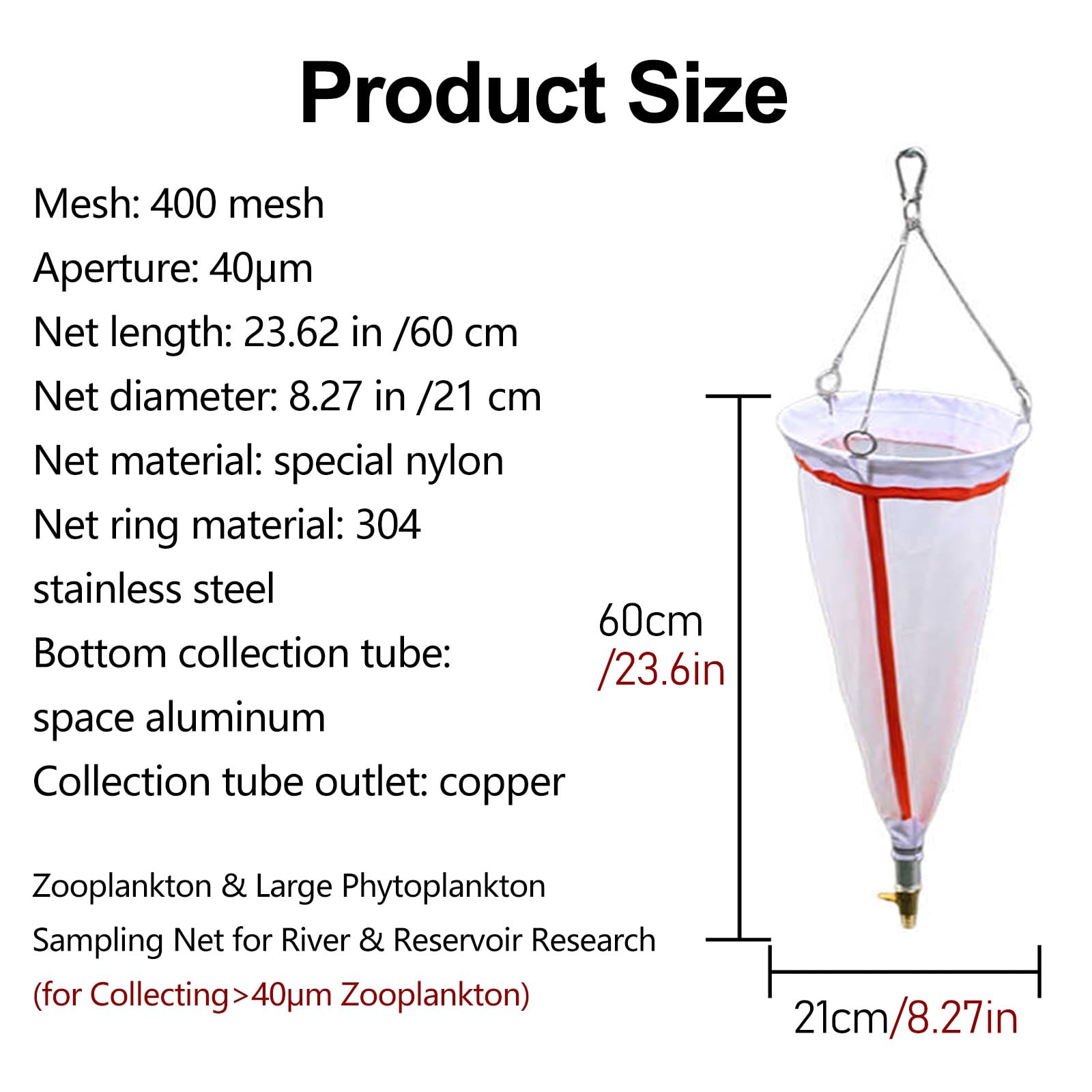 Rete Plankton Rete per plancton di grado di ricerca, rete per raccolta plancton da 20/25/40/50 micron, rete per campionamento di plancton all'aperto(40 Micron)