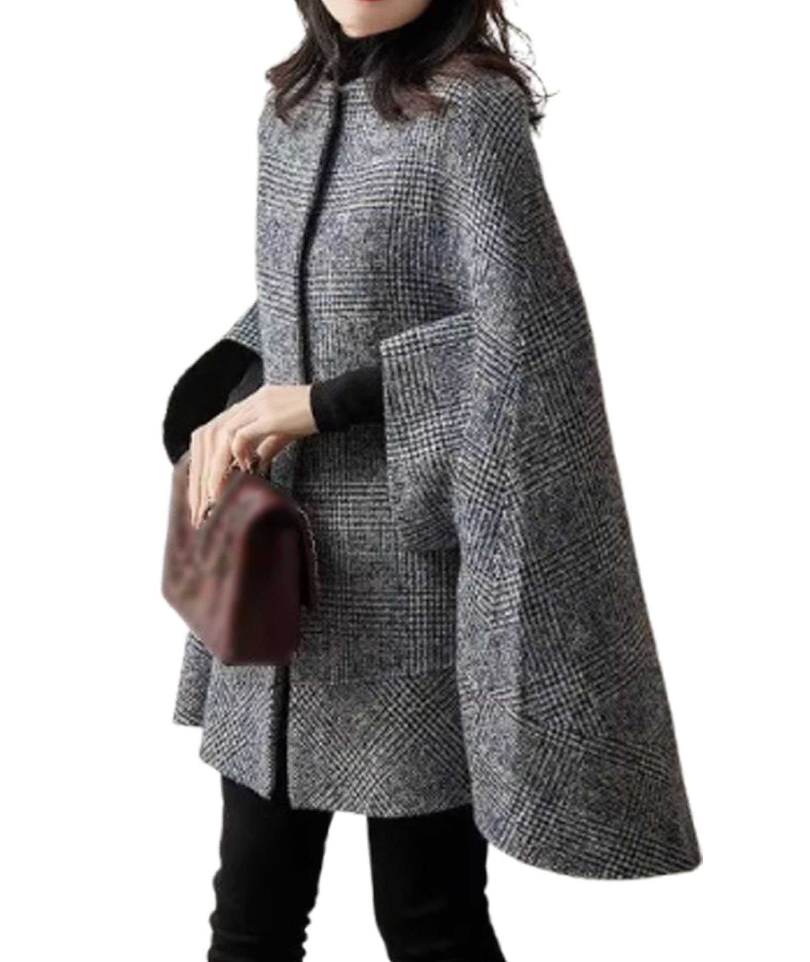 Women's Cape Coat 3/4 Quarter Sleeve Single Breasted Button Plaid Cloak Poncho Jacket Pea Coat Winter Outerwear-image-15