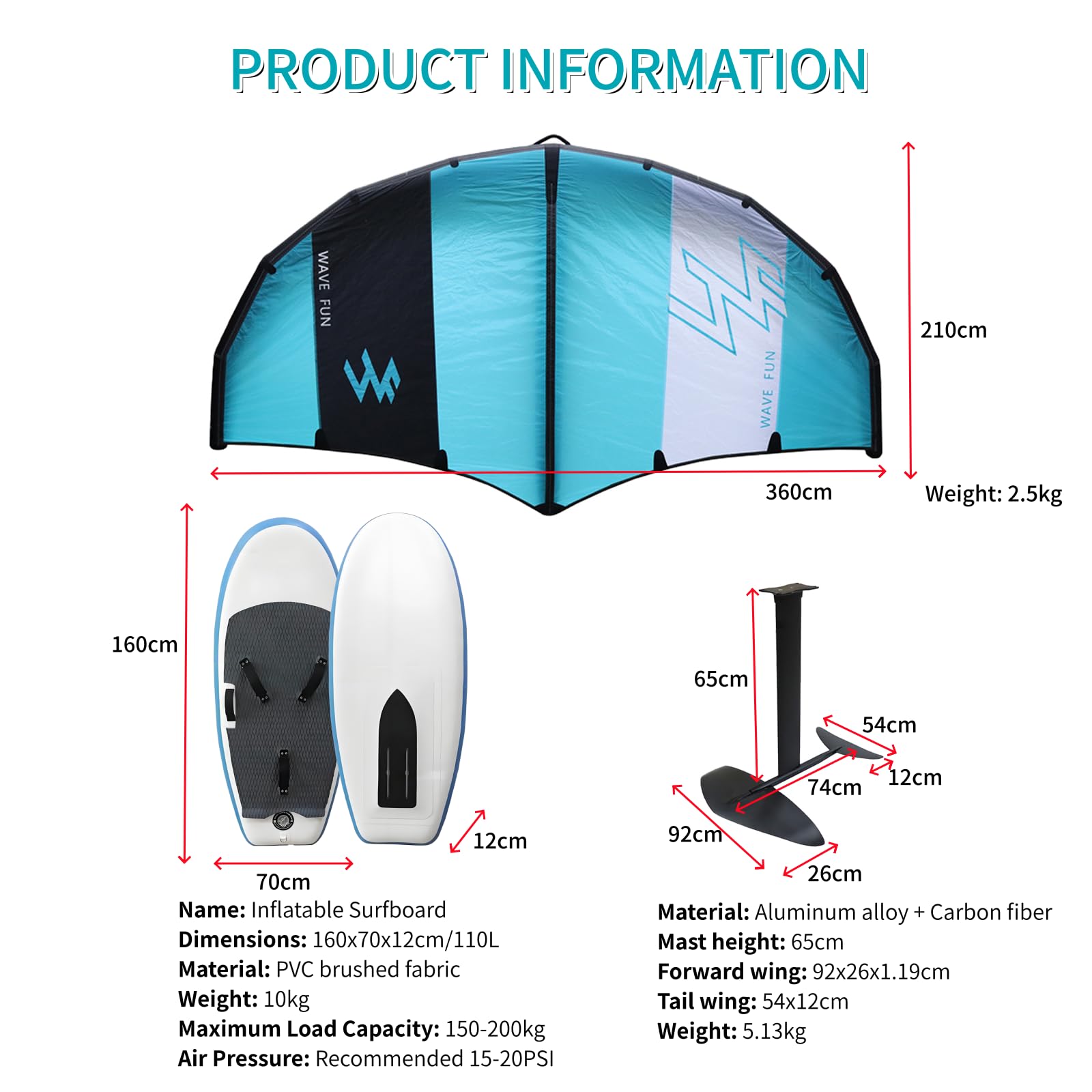 Combinación de Tabla hidroala Inflable y Wing Foil - 358x208 cm Wind Wingfoil, Kit Completo Listo para Usar para Deportes acuáticos, Kitesurf, Surf