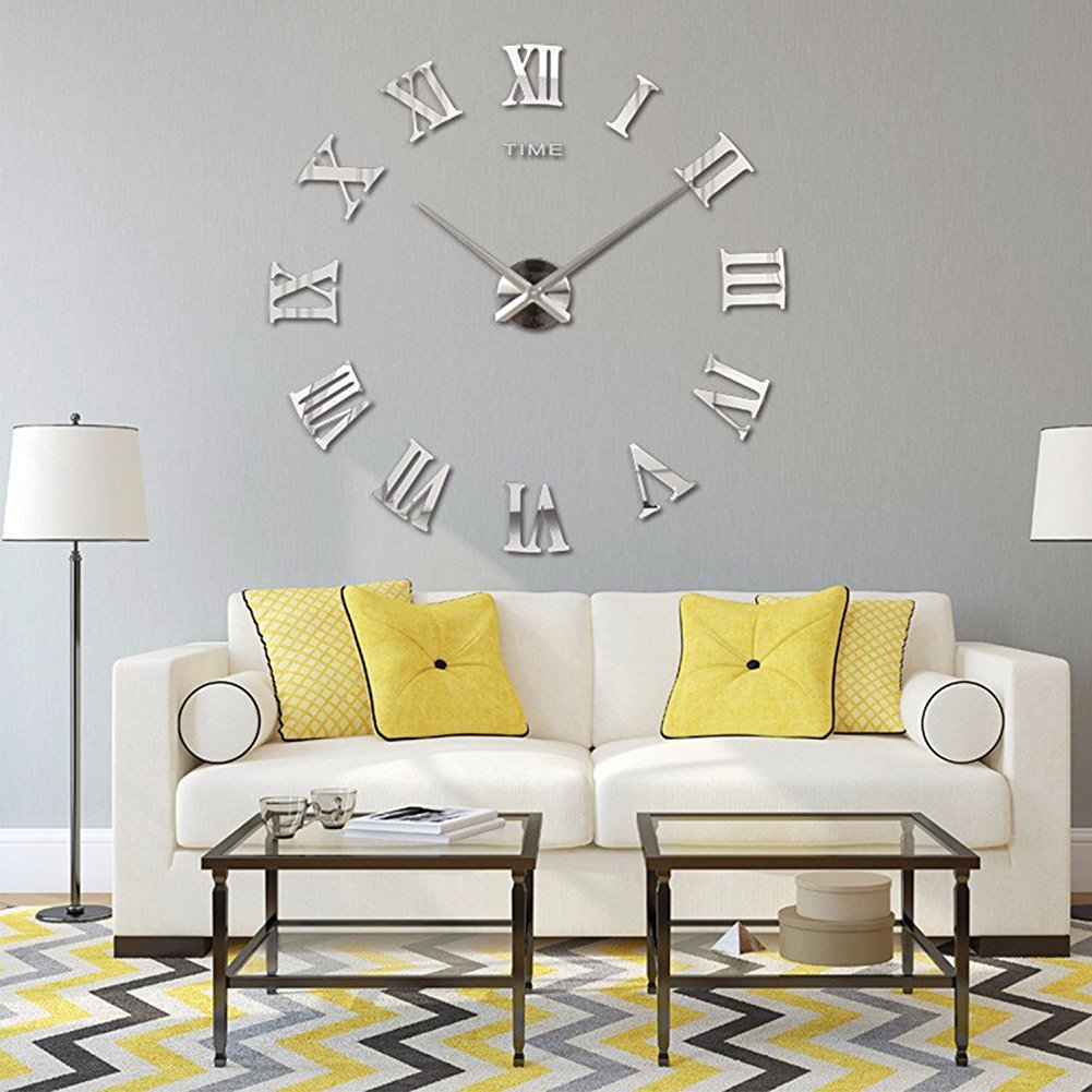 DIY Wall Clock 3D Silent Stickers Digital Modern Craft Arts Self Adhesive Acrylic Mirror Stickers Clock for Home Office Decor (Silver)