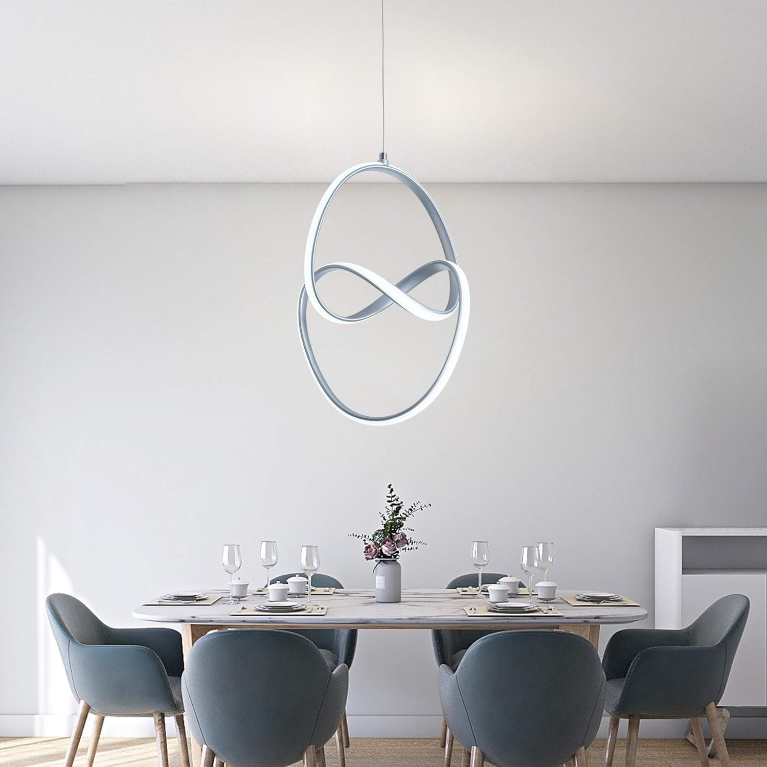 Modern Led Pendant Light Contemporary LED Chandelier with Irregular Rings 6000K Not Dimmable, Adjustable Ceiling Hanging Lighting Fixture for Living Room, Dining Room, Kitchen, Silver (33W)
