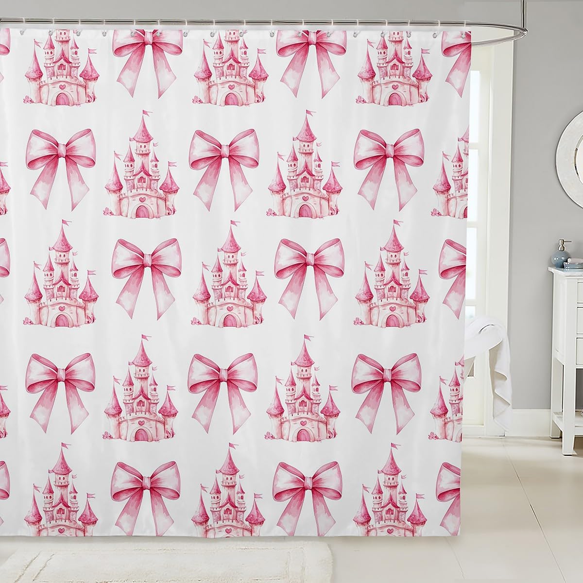 Pink Bowknot Kids Shower Curtains,Castle Tale Princess Toddler Bathroom Curtains for Girls Women,Bow Tie Butterfly Knot Girlish Romantic Fashion
