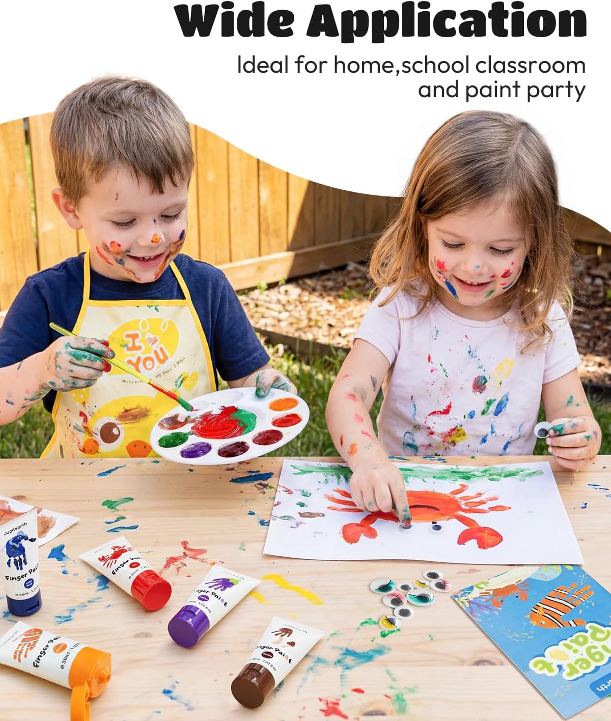 JUPITEARTH 28 PCS Finger Paint, Baby Safe Paints for Hand and Feet, Washable Paint for Kids, Non-Toxic 12 Vibrant Colors (1.22fl oz/36ml ) , Palette, Apron, Brush, Eye Stickers, Safe Preschool Art Supplies for Kids - Image 8