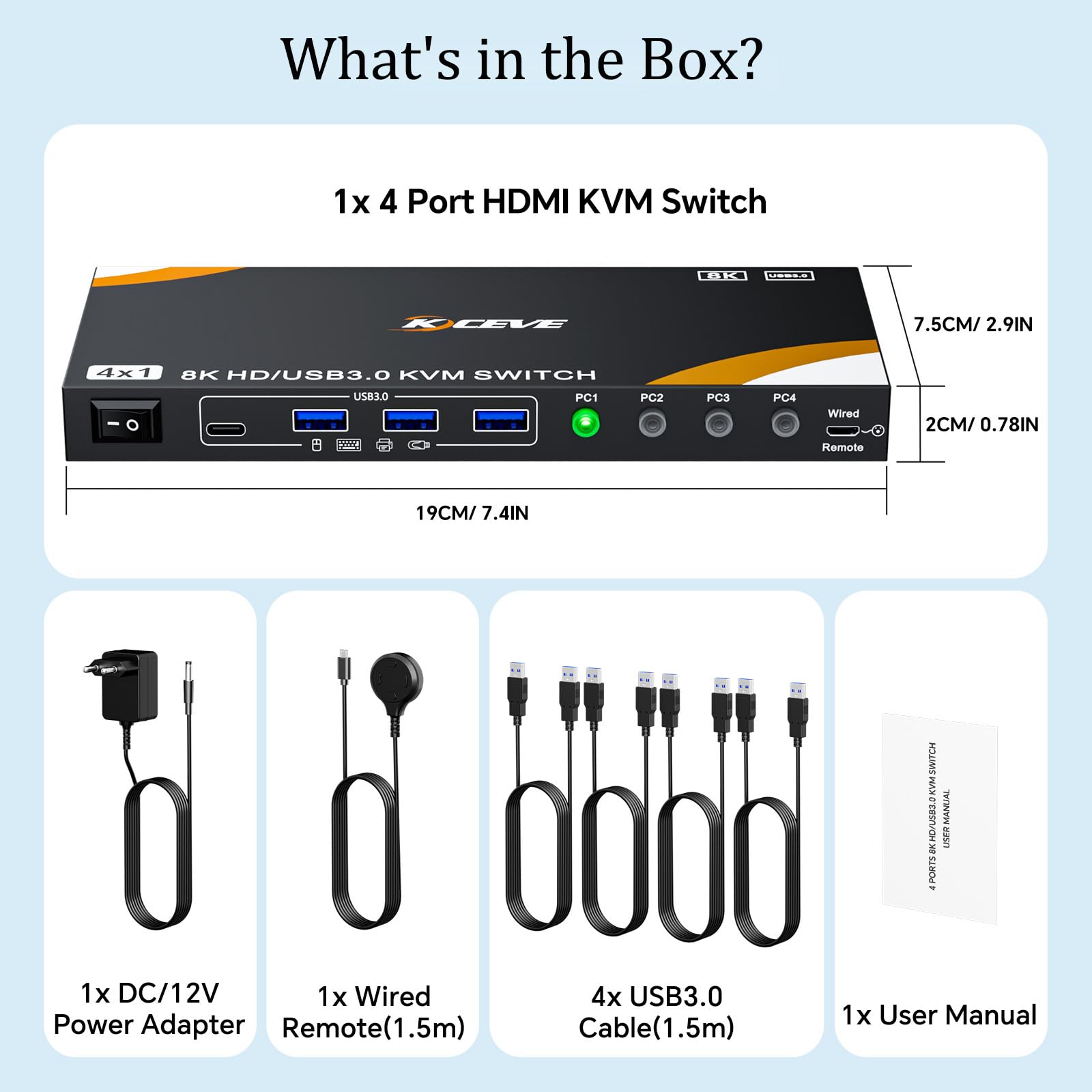 Switch KVM HDMI 4 PC 1 Monitor 8K @60Hz, 4 porte HDMI 2.1 KVM Switch per 4 computer condividono 1 monitor e 4 dispositivi USB 3.0 (tastiera, mouse, stampante), con cavo remoto e 4 cavi USB 3.0
