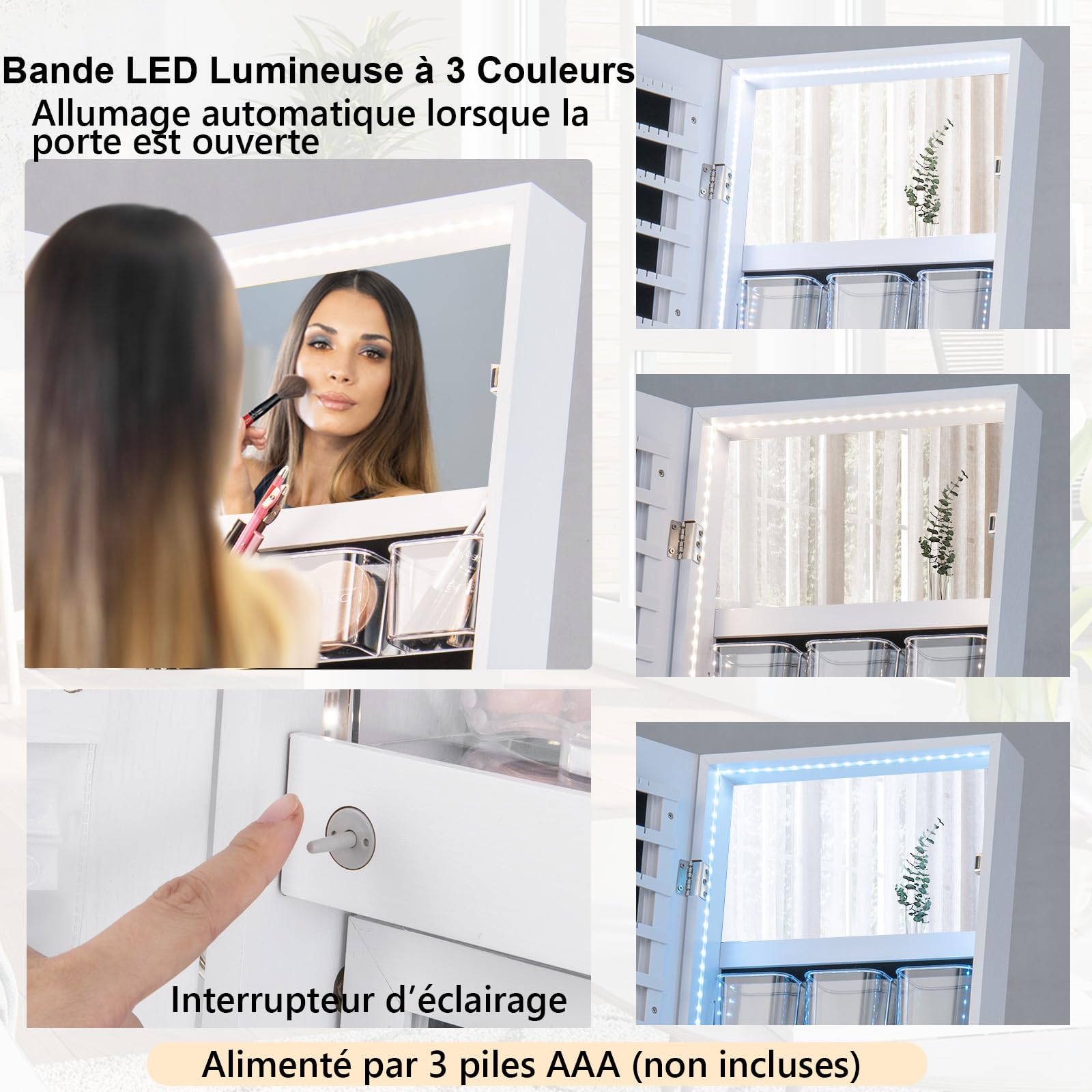 COSTWAY Armoire à Bijoux LED, Armoire de Rangement sur Pieds Verrouillable, Miroir Pleine Longueur HD, Lumières LED 3 Couleurs, Miroir Intérieur, pour Boucles d'Oreilles, Bagues, Colliers (Blanc)
