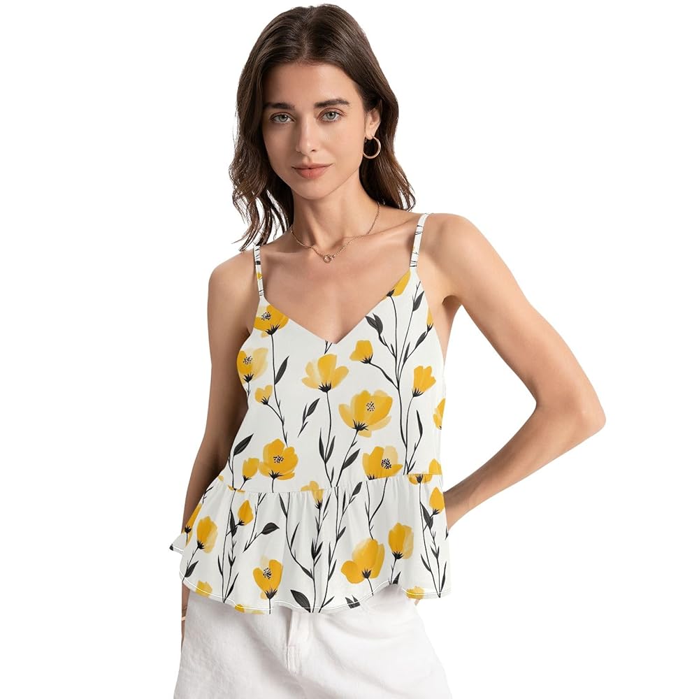 ODAWA Yellow Flowers White Lightweight V Neck Ruffle Hem Spaghetti Strap Women s Sleeveless Halter Top XS at Amazon Women s Clothing store