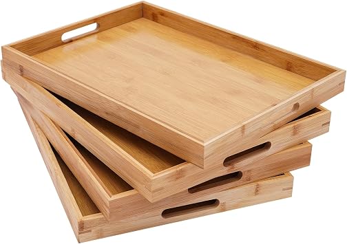 4pcs Bamboo Serving Tray with bulit-in Handles, Rectangular Wooden Breakfast Tray Dinner Tray Decorative for Dinners Party Tea Bar Table Breakfast Snack
