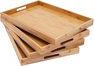 4 Pack Bamboo Serving Tray with Handles Kitchen Large Food Bamboo Tray Couch Tray Tea Decorative Serving Pallet for Dinner, Breakfast, Table Snack, 18.1×13×1.4In