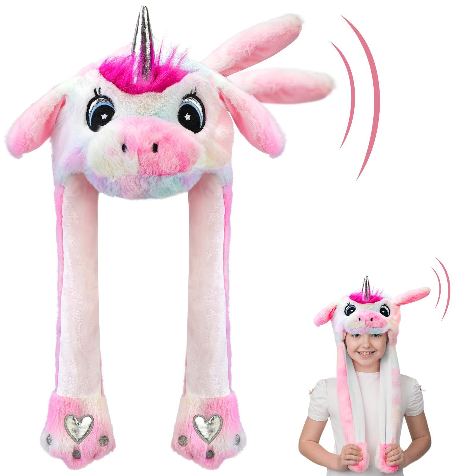 Hifot Animal Hat with Moving Ears, Plush Animal Moving Ears Hat Kids Adults, Funny Jumping Flap Cap Headwear for Winter Halloween Christmas Carnival Birthday Cosplay Dress up Party Gift - Unicorn-b