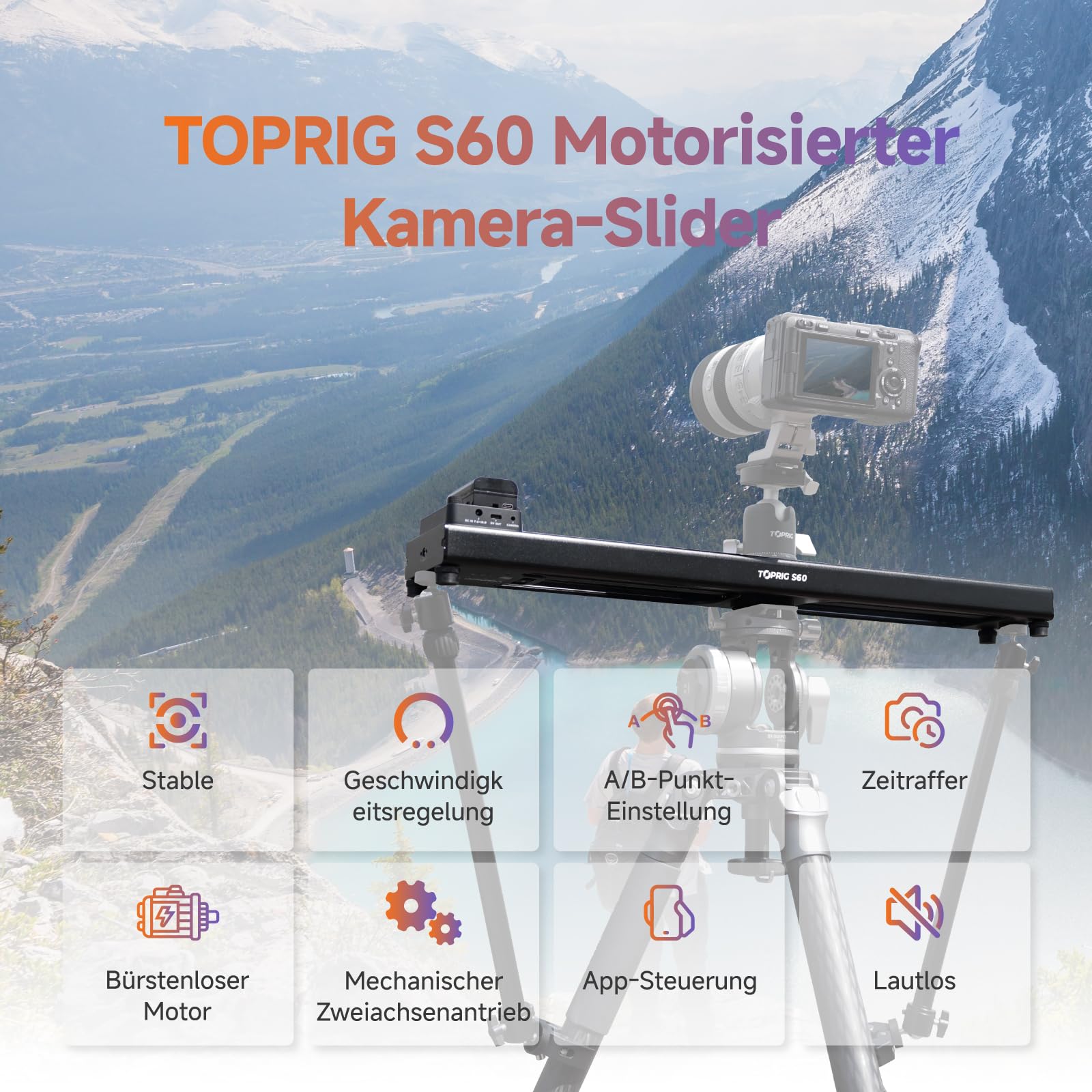 Accsoon Toprig 24"/60cm Motorisierter Kamera Slider – Elektrischer Video Slider mit APP-Steuerung, Zeitraffer, AB-Punkt Einstellung, Schleifenmodus - Perfekt für DSLR, Camcorder, Video-Creation