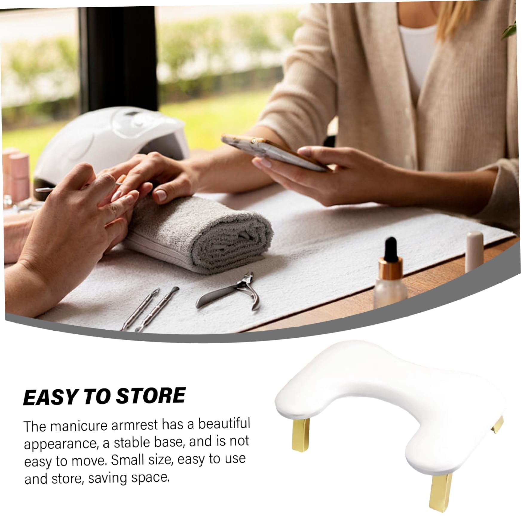 Reposabrazos para uñas de lujo de piel sintética en forma de U para técnicos de uñas cómodo y ergonómico para amantes de la belleza y entusiastas de la manicura color blanco.